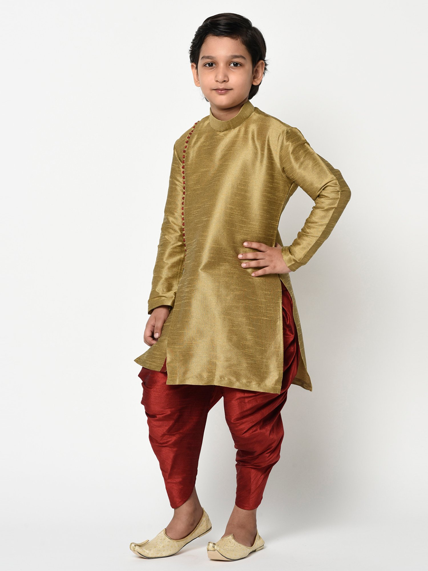 Deyann Kids Gold & Maroon Solid Full Sleeves Kurta with Dhoti