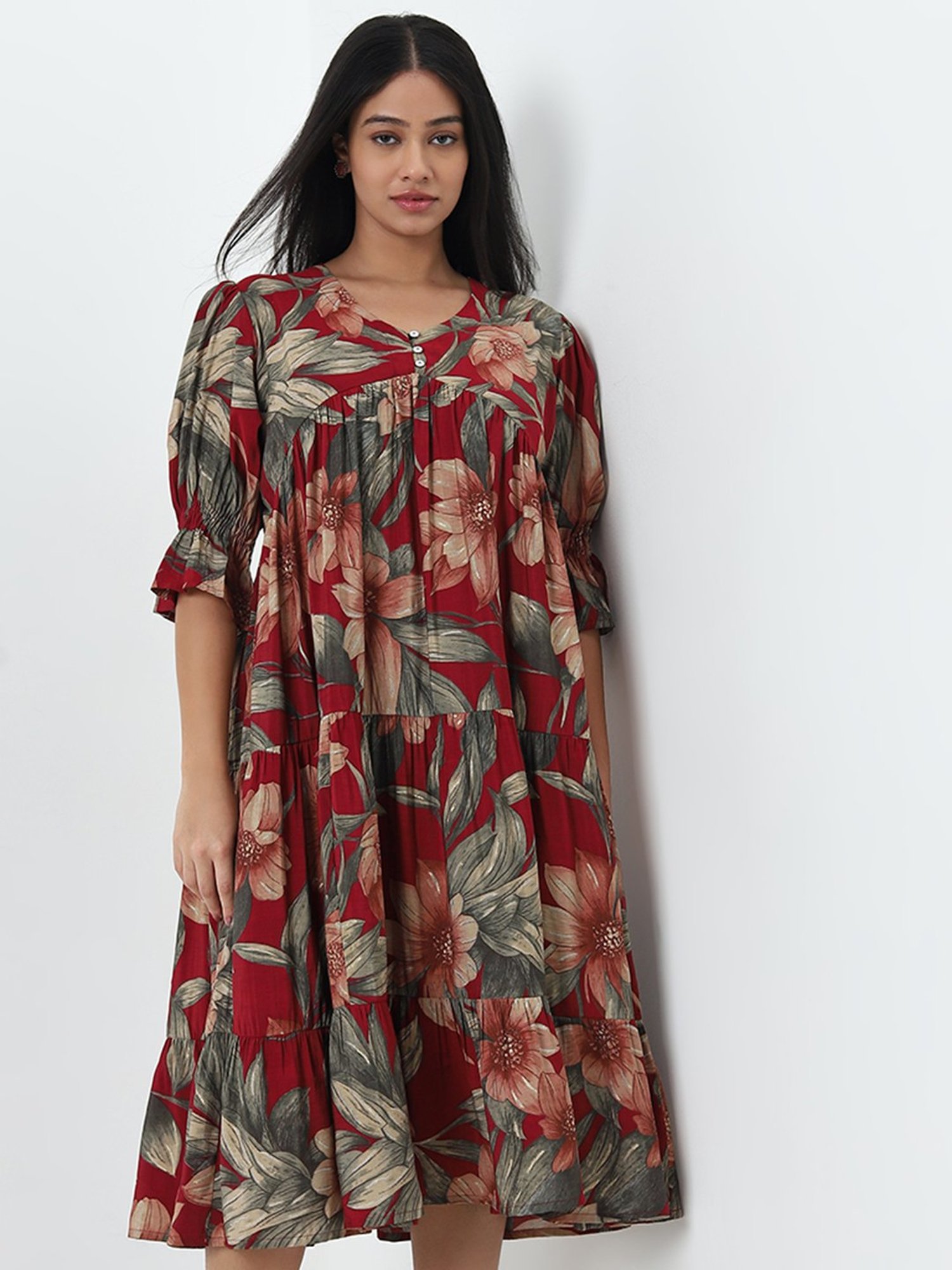 Diza by Westside Red Floral Design A-Line Dress