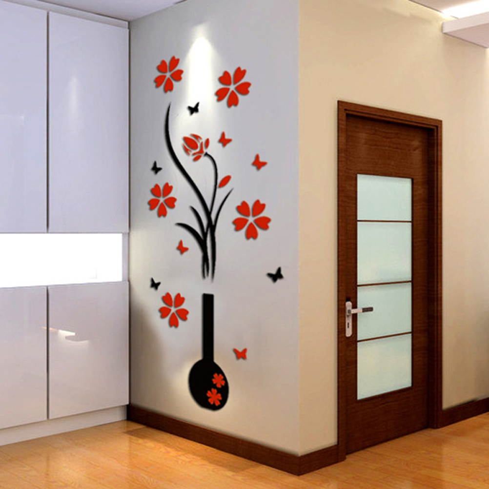 Removable 3D Plum Vase Wall Stickers Living Room TV Background Wall Decals Mural Home Decor Size XS (PV-001)