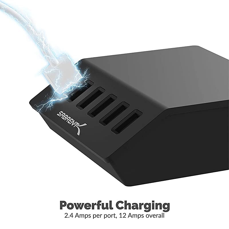 Premium 60 Watt 12 Amp 6Port Aluminum FamilySized Desktop USB Rapid Charger Smart USB Charger with Auto Detect Technology Black AXFLCHB
