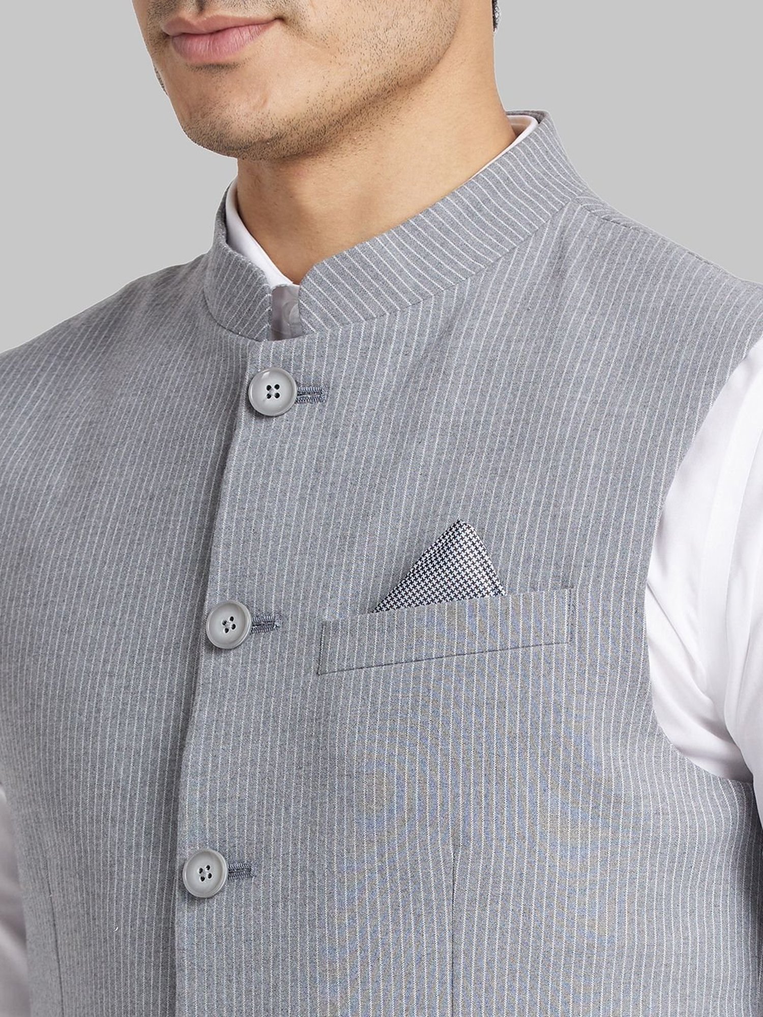 Park Avenue Grey Slim Fit Striped Nehru Jacket