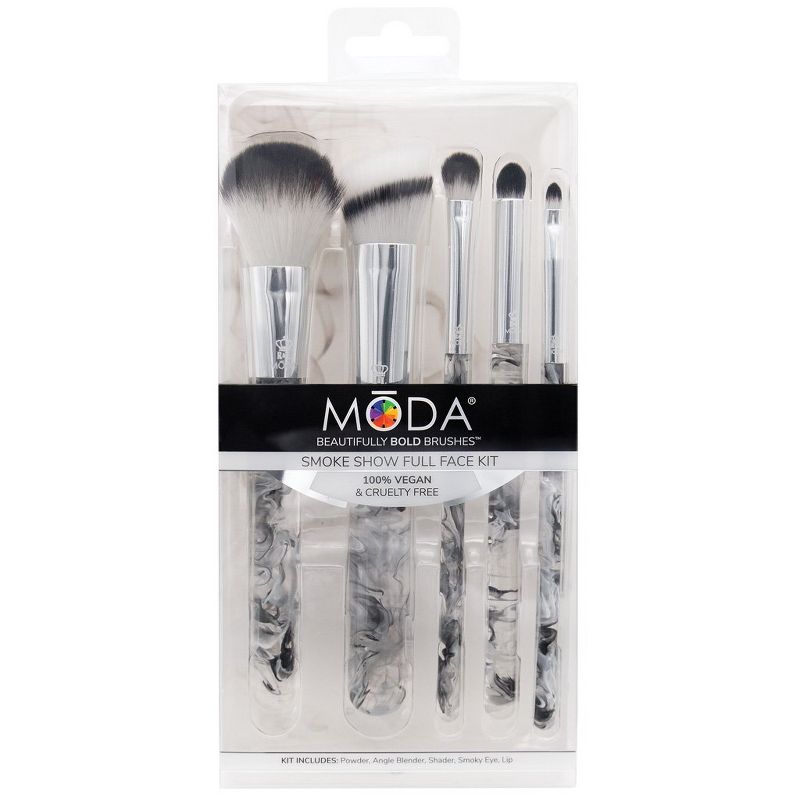 MODA Brush Black Smoke Show 5pc Full Face Makeup Brush Set, Includes - Powder, Angle Blender, Shader,  and Lip Brushes