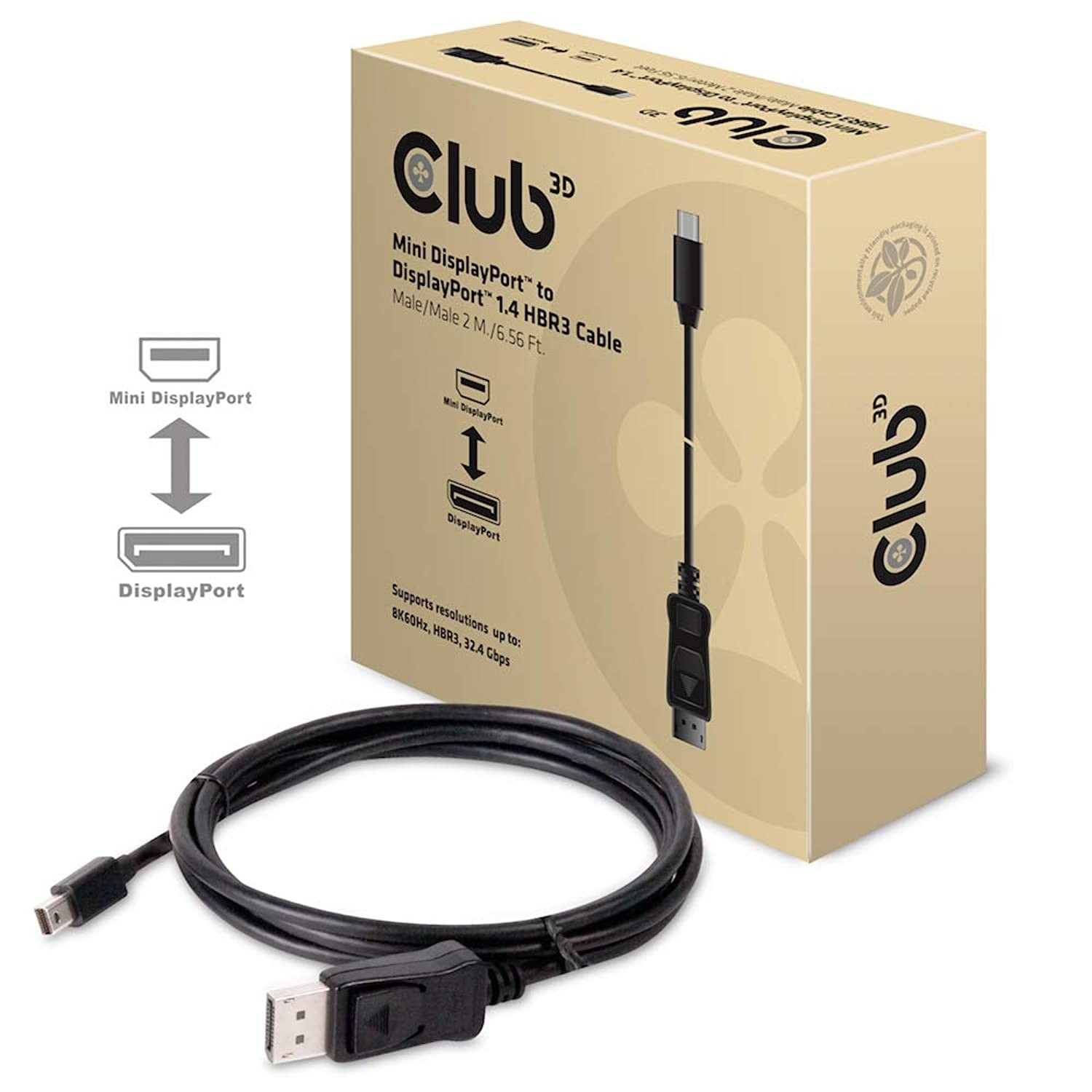 Club3D CAC-1115 Mini DisplayPort to DisplayPort 1.4/HBR3 Cable Male/Male, HDR Support 2 Meter/6.56 Feet, Black Vesa