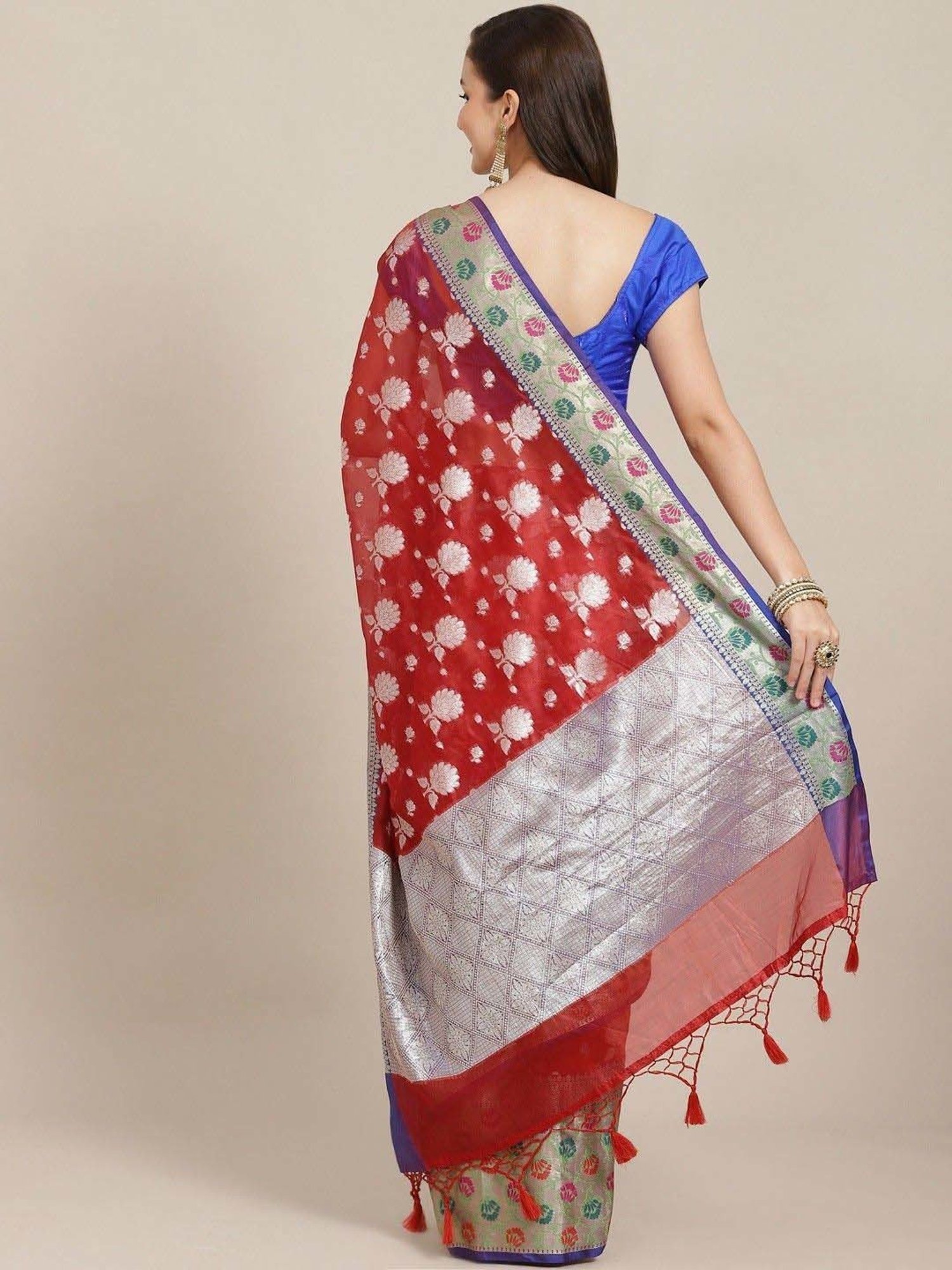 Silk Land Red Woven Saree With Unstitched Blouse
