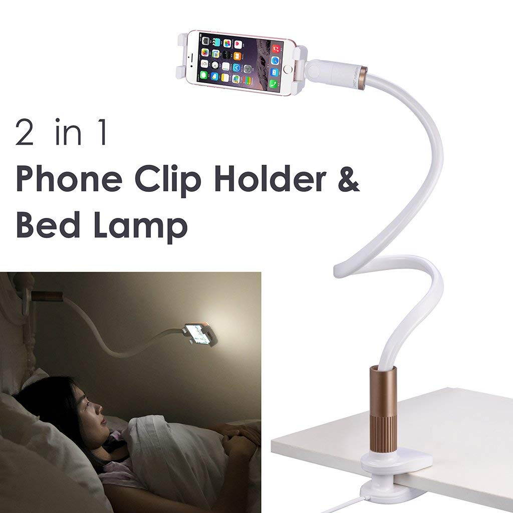 Avantree Cell Phone Holder Clip On Lamp for Bed, Gooseneck Desk Lamp LED Light, Universal Lazy Bracket, Flexible Long Arm for 4-6.3" Phones Mobile Stand - CP901L