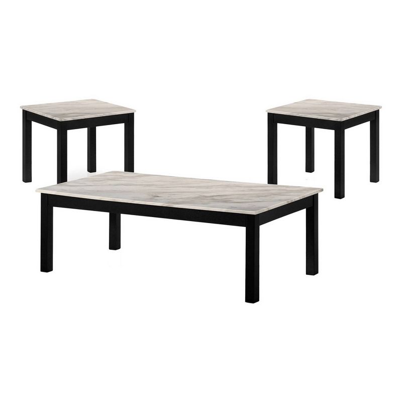 3pc Coffee Table Set with Faux Marble Top White/Black - Benzara