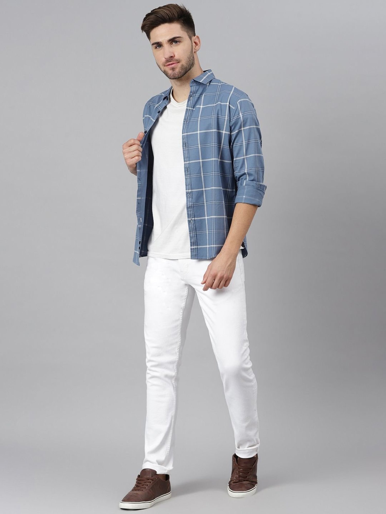 Dennis Lingo D-Blue Cotton Slim Fit Checks Shirt