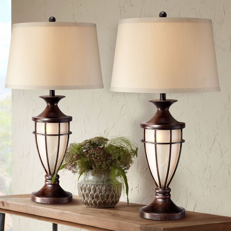 John Timberland Traditional Table Lamps Set of 2 with Nightlight Lantern Brushed Iron Cage Beige Fabric Shade for Living Room