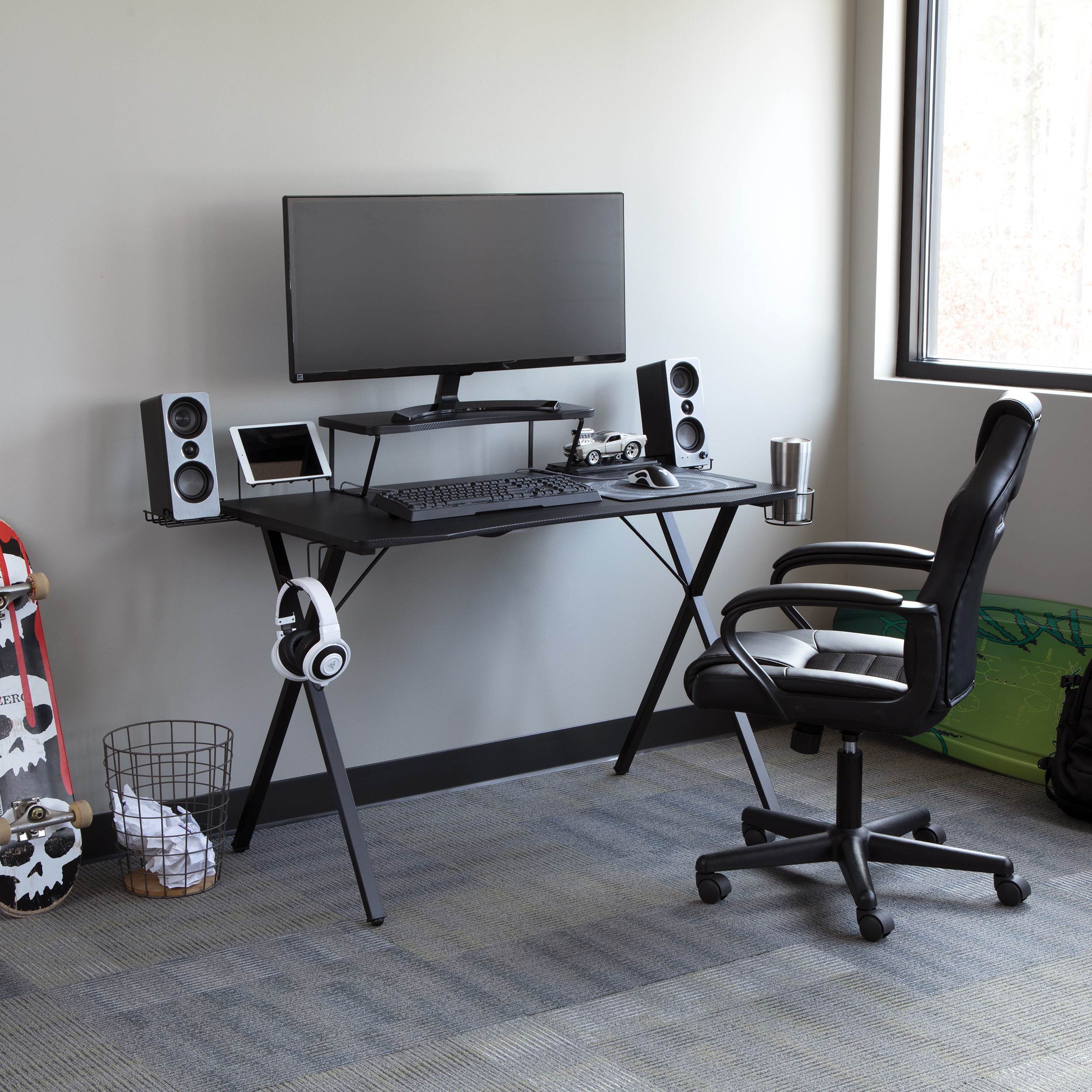 55" Gaming Computer Desk, 35" Monitor Shelf, X-Base, in Black/Black