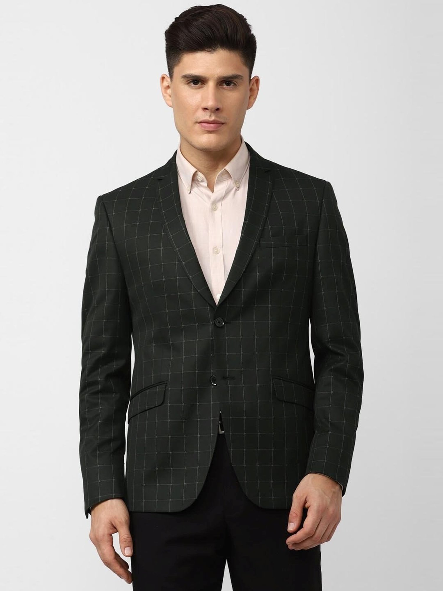 V Dot Black Skinny Fit Checks Blazer