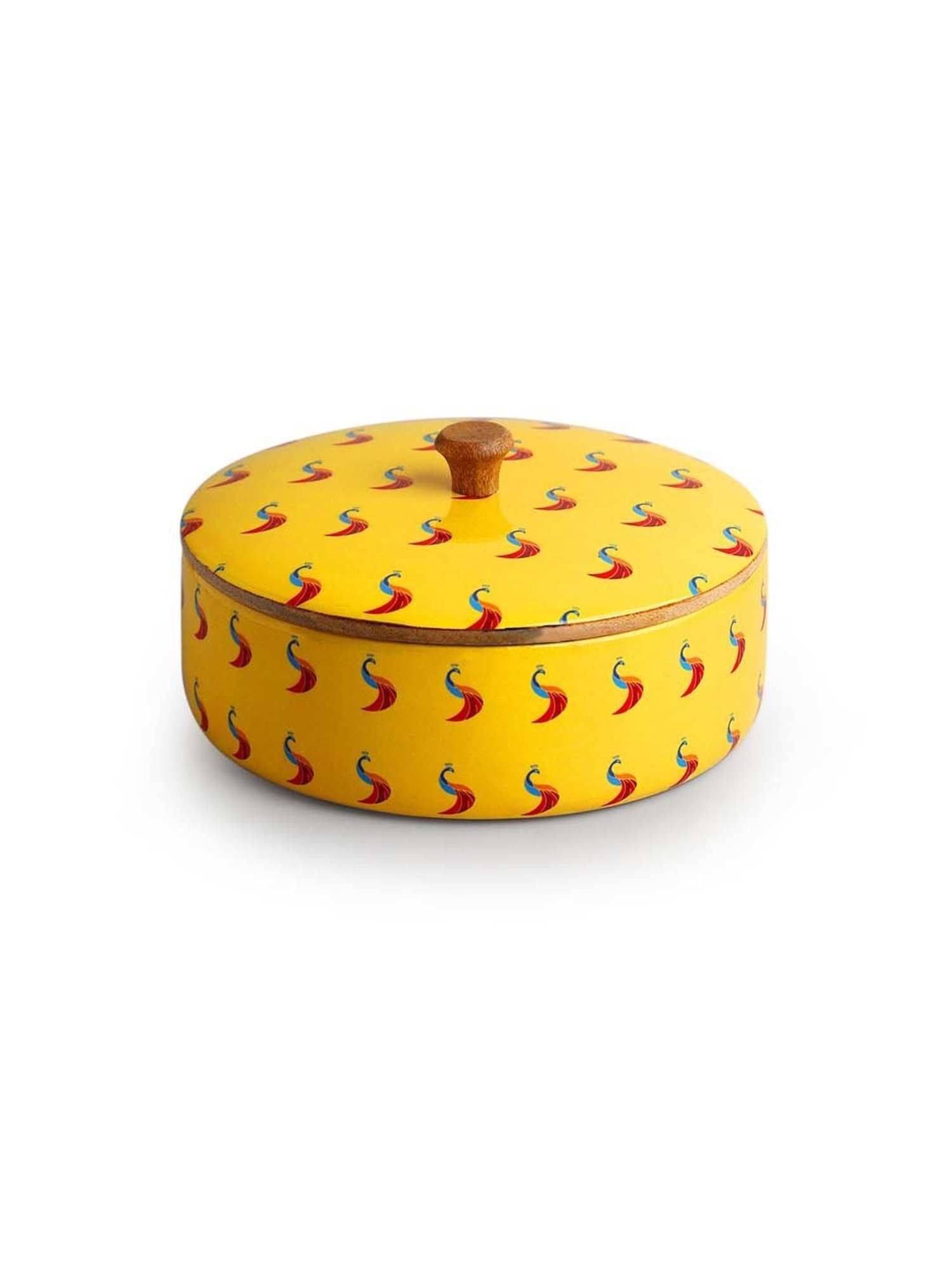 ExclusiveLane Mango Wood Peacocks Hand-Enamelled Casserole Chapati Box With Lid (1.14 L)