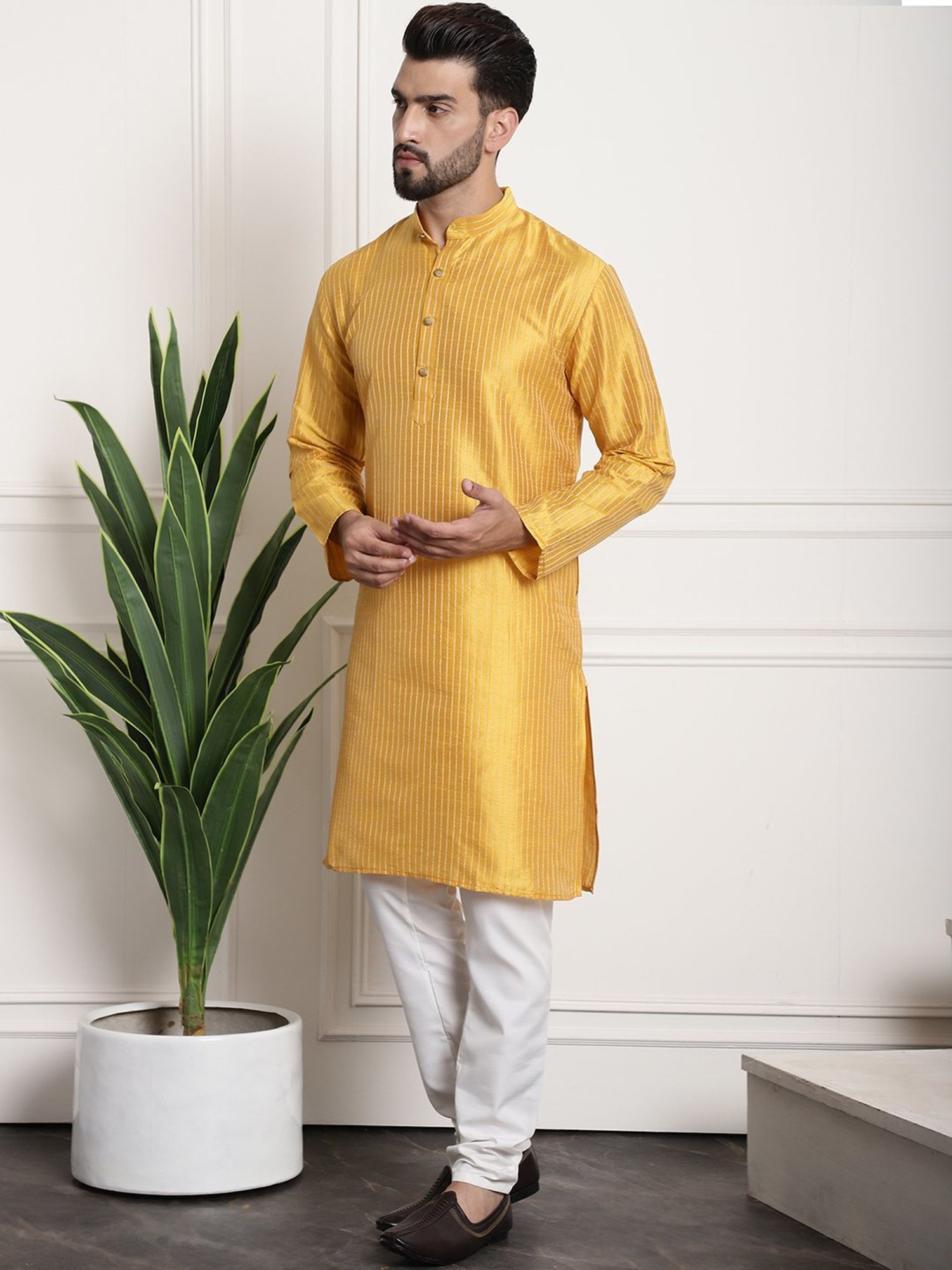 Sojanya Mustard & Black Regular Fit Self Pattern Kurta Set With Jacket