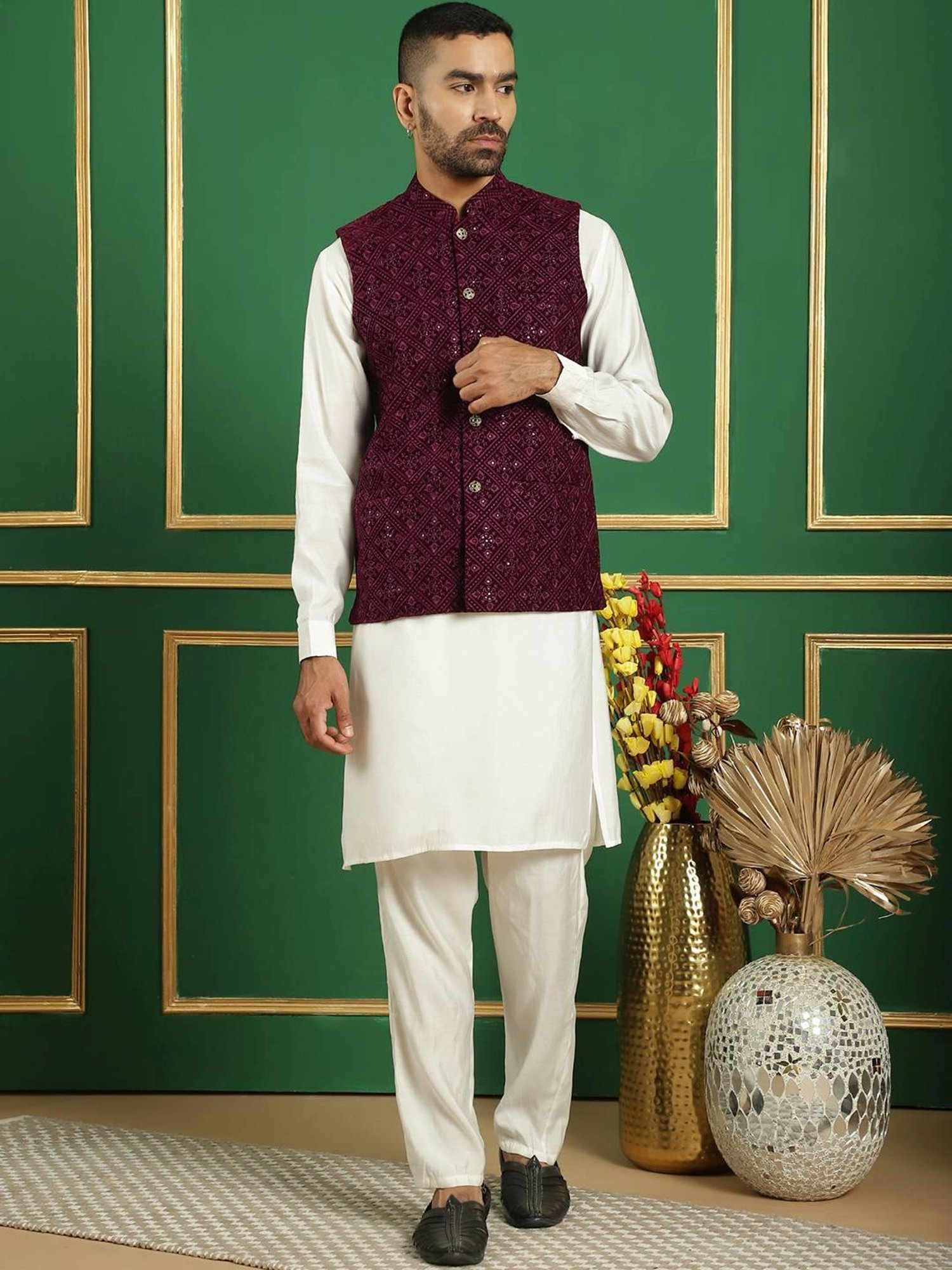 Jompers Purple Regular Fit Embroidered Nehru Jacket