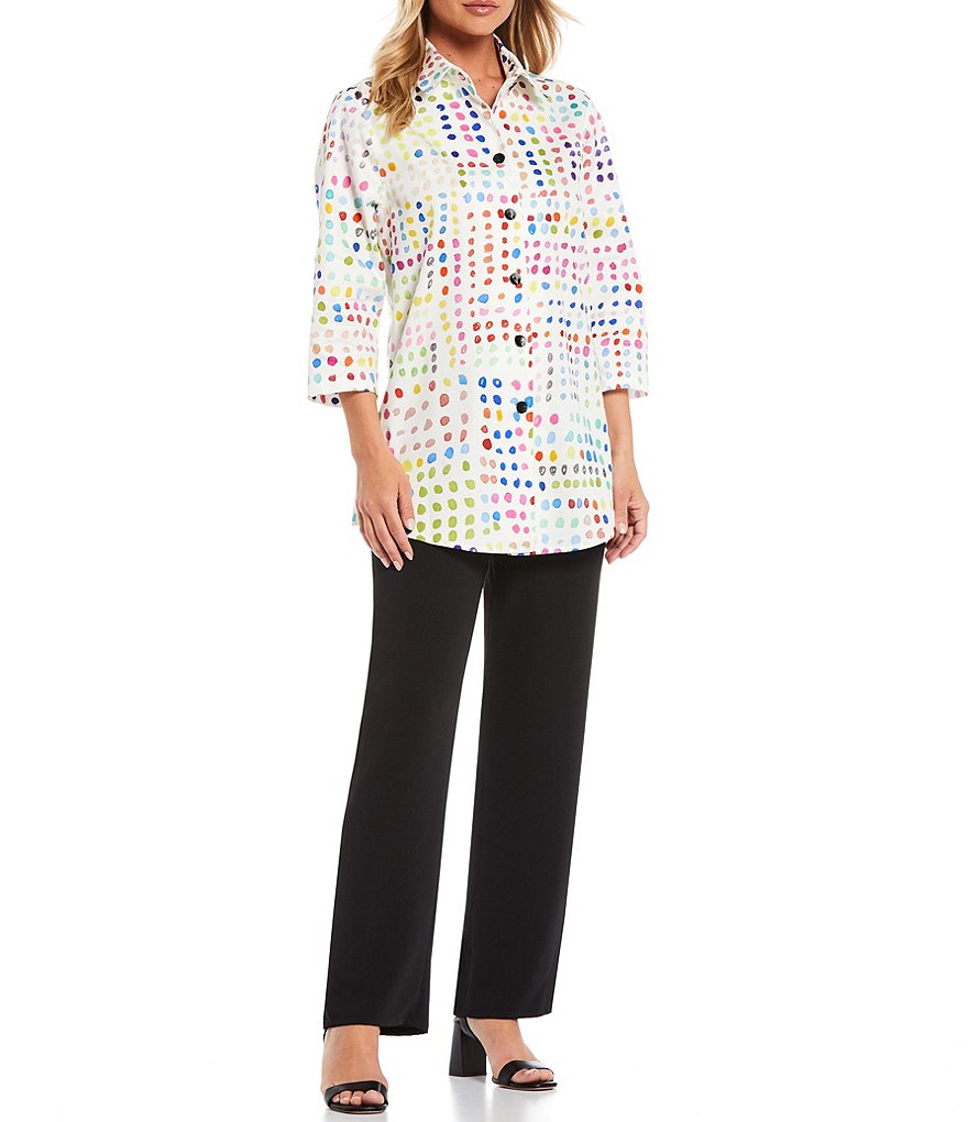 Caroline Rose Painted Dot Stretch Point Collar Neck 3/4 Sleeve Cotton Boyfriend Shirt