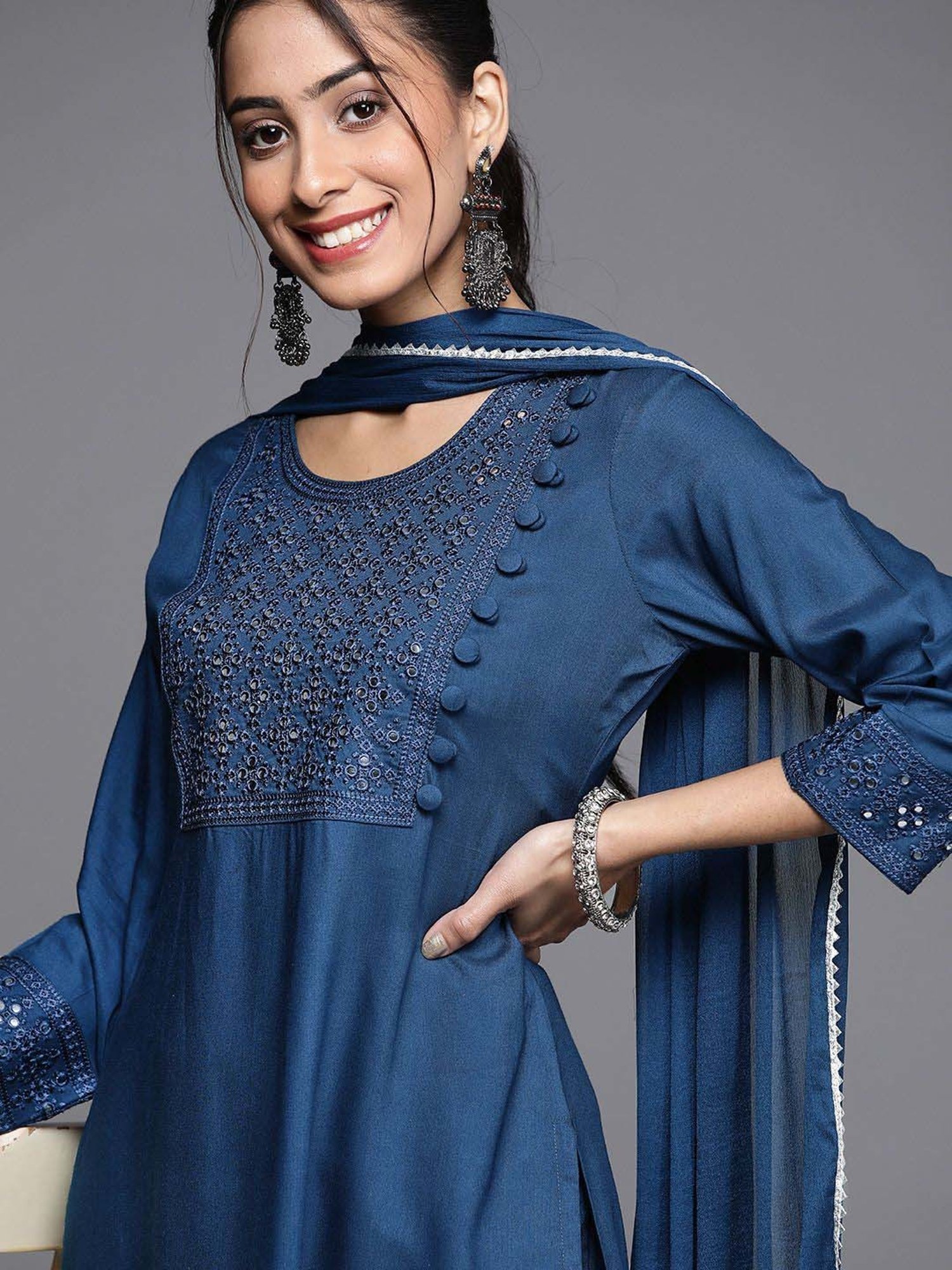 Libas Blue Embroidered Kurta Palazzo Set With Dupatta