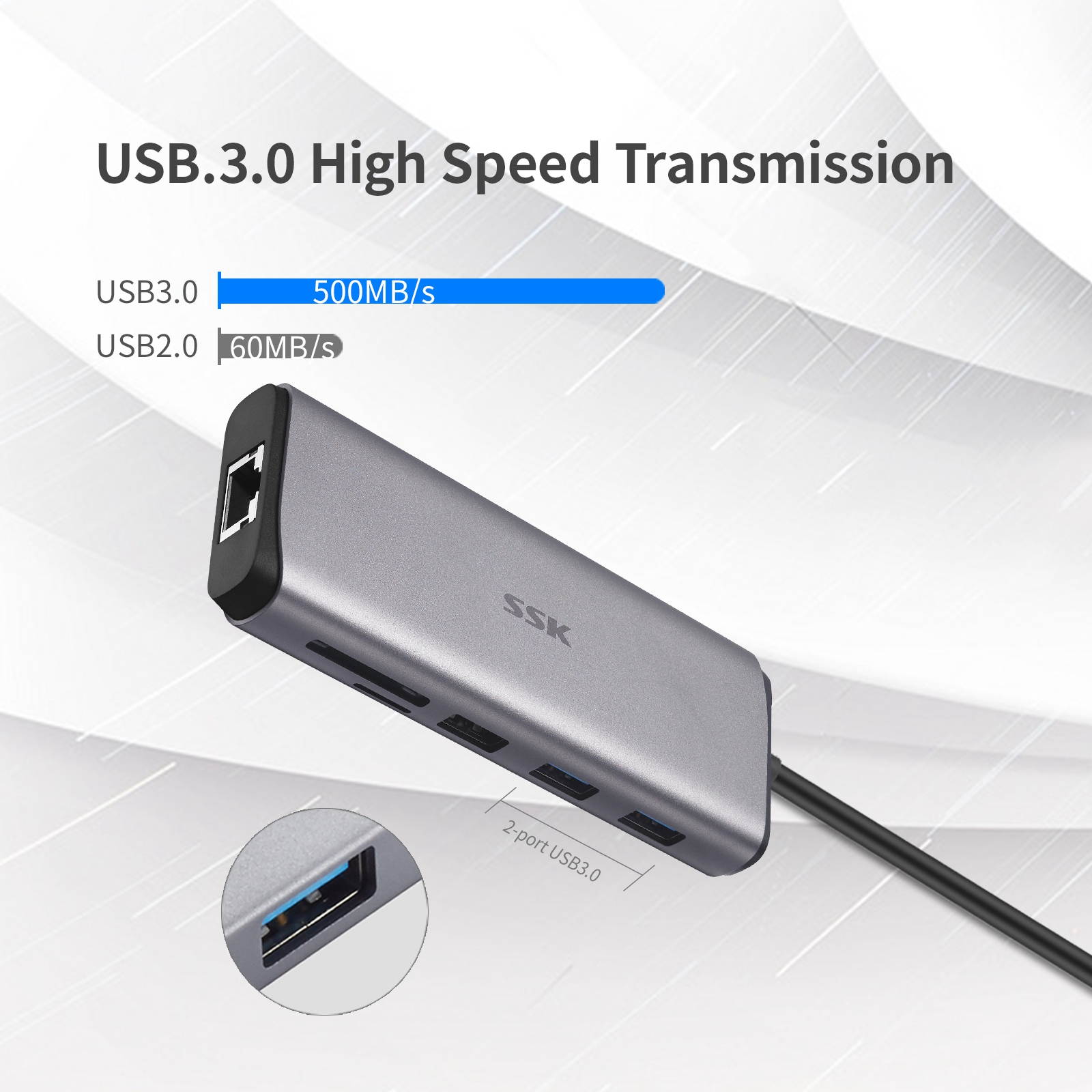 SSK USB C Hub, 8-in-1 Type C Multiport Hub Adapter with RJ45 Ethernet, 4K HDMI, PD3.0 Powered, 2 USB 3.0, 1 USB2.0, SD/TF Cards Reader USB C Dock for MacBook/Pro/Air and More Type C Devices