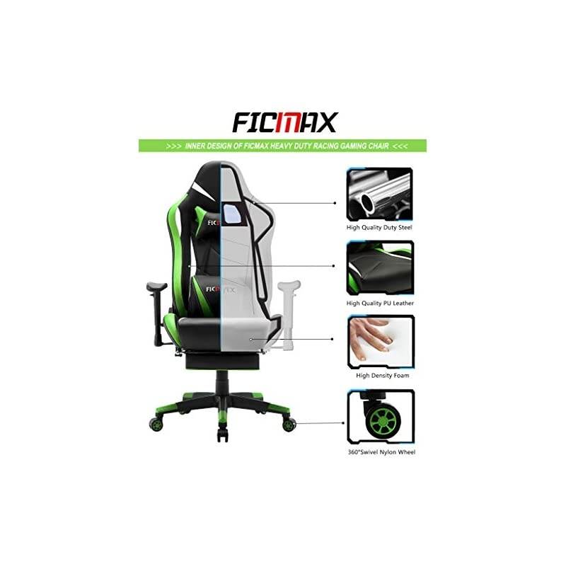 Green Massage Gaming Chair High Back, Big and Tall Computer Gaming Chair with Footrest, Ergonomic Gamer Chair for E-Sport, Reclining Video Game Chair with Headrest and Lumbar Support