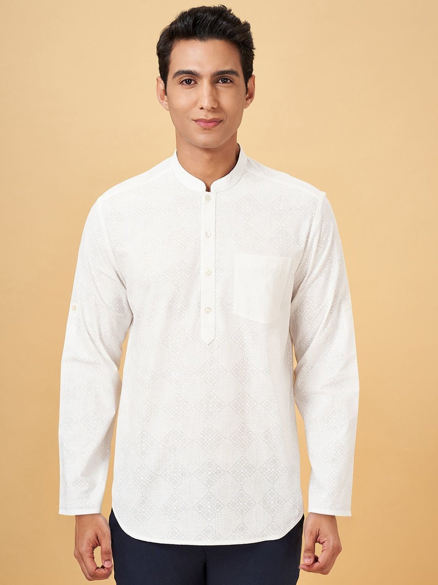Indus Route By Pantaloons White Pearl Regular Fit Texture Short Kurta