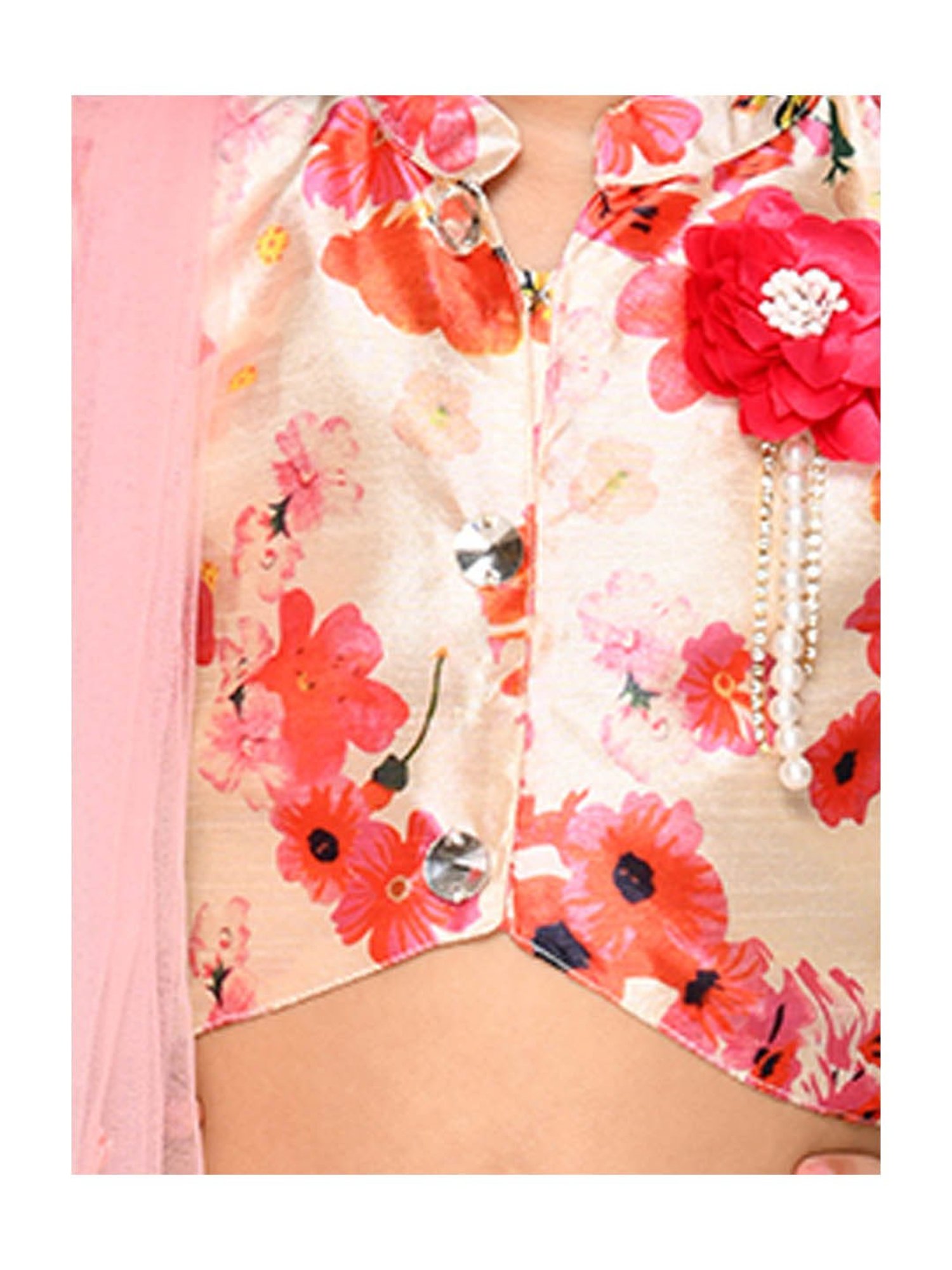 Saka Designs Kids Pink & Ivory Floral Print Lehenga with Choli & Dupatta