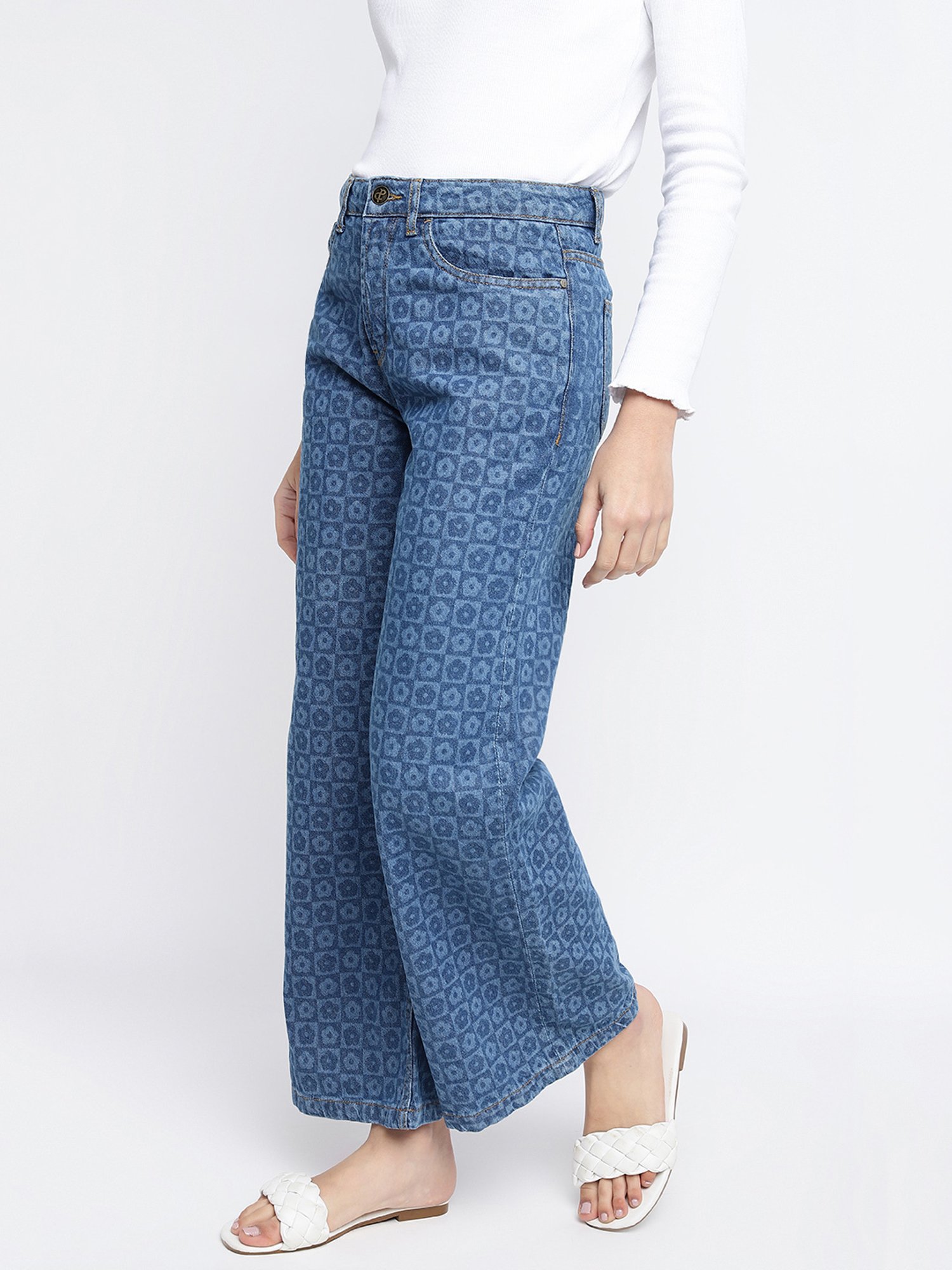 Tales & Stories Blue Printed High Rise Jeans