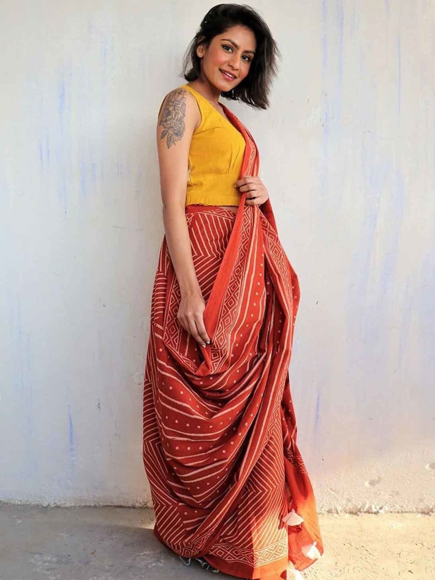 Chidiyaa Rust Block Printed Cotton Mulmul Saree - Butterfly Girls