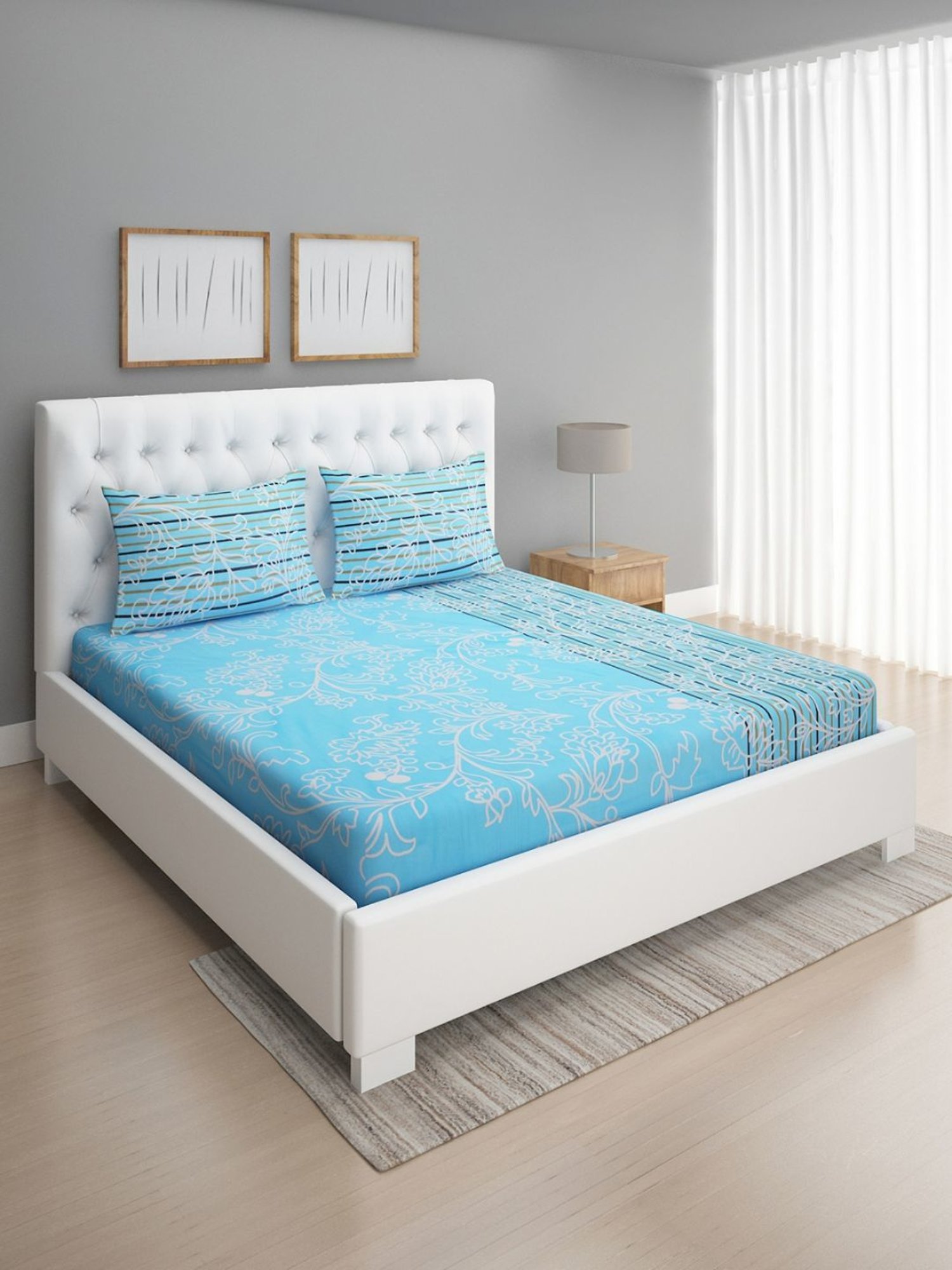 Romee Floral Blue 144 TC Cotton Queen Sized Bed Sheet with 2 Pillow Covers