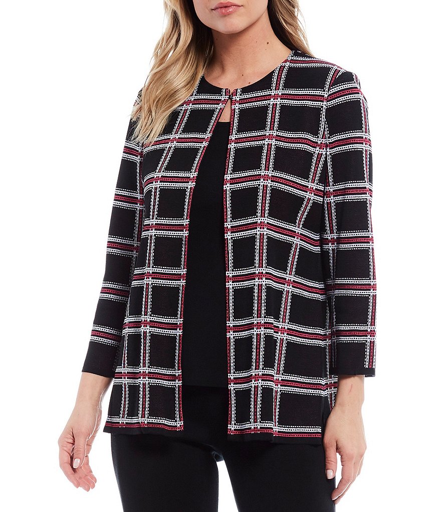 Ming Wang Bracelet Sleeve Plaid Crew Neck Jacket