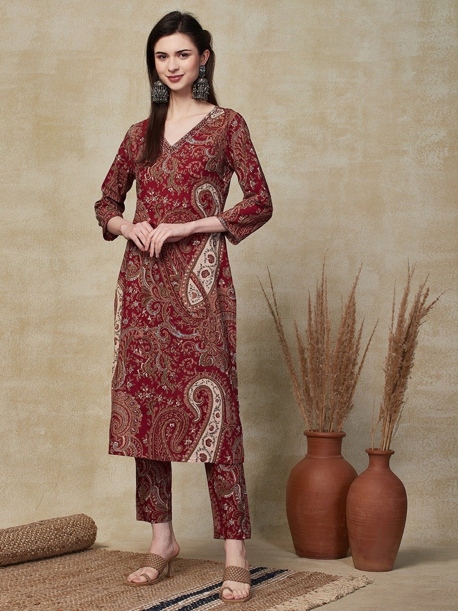 Fashor Maroon Cotton Printed Kurta Pant Set