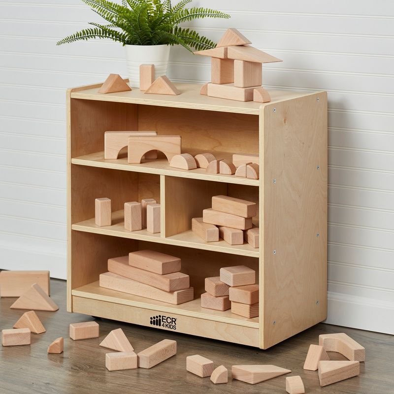 ECR4Kids Building Block Storage Cart - 4-Cubby Birch Cabinet on Casters, 24" H
