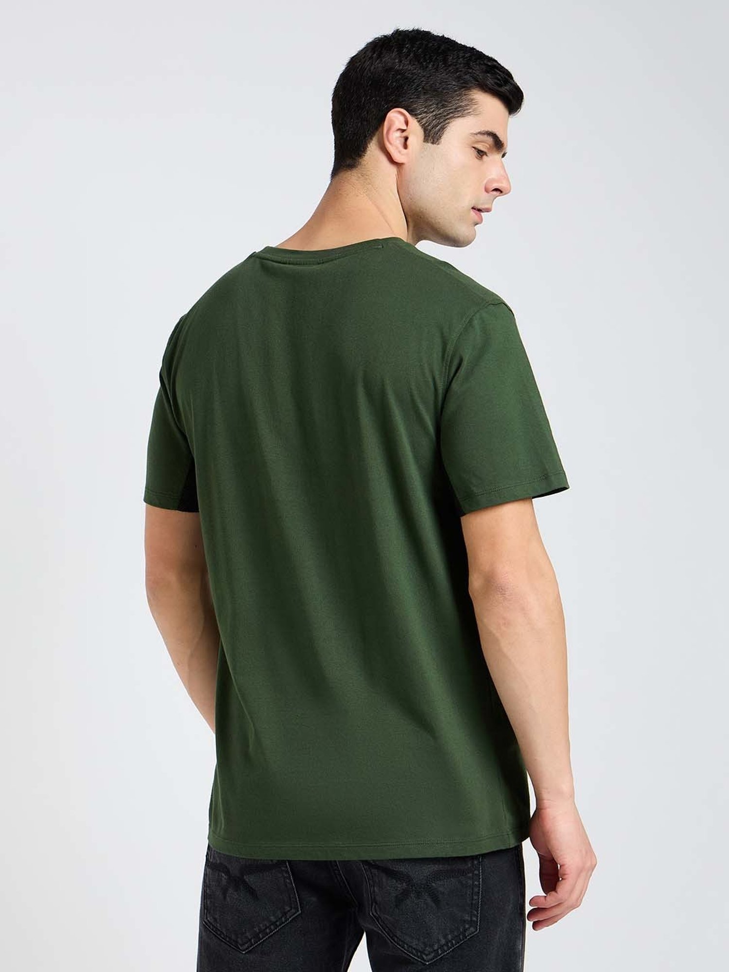 EDRIO Olive Regular Fit Printed Crew T-Shirt