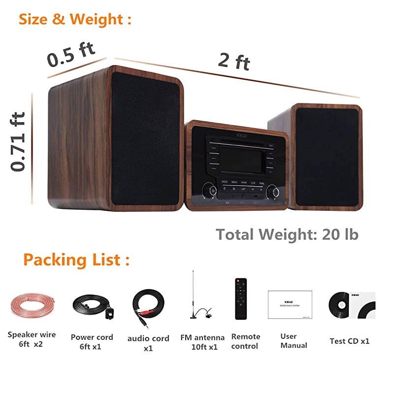 Stereo Shelf System Powered with Bookshelf Speakers RMS 2X 25W for Home Audio Entertainment with CD Player and Bluetooth/FM Radio/USB/SD/AUX,Remote Control