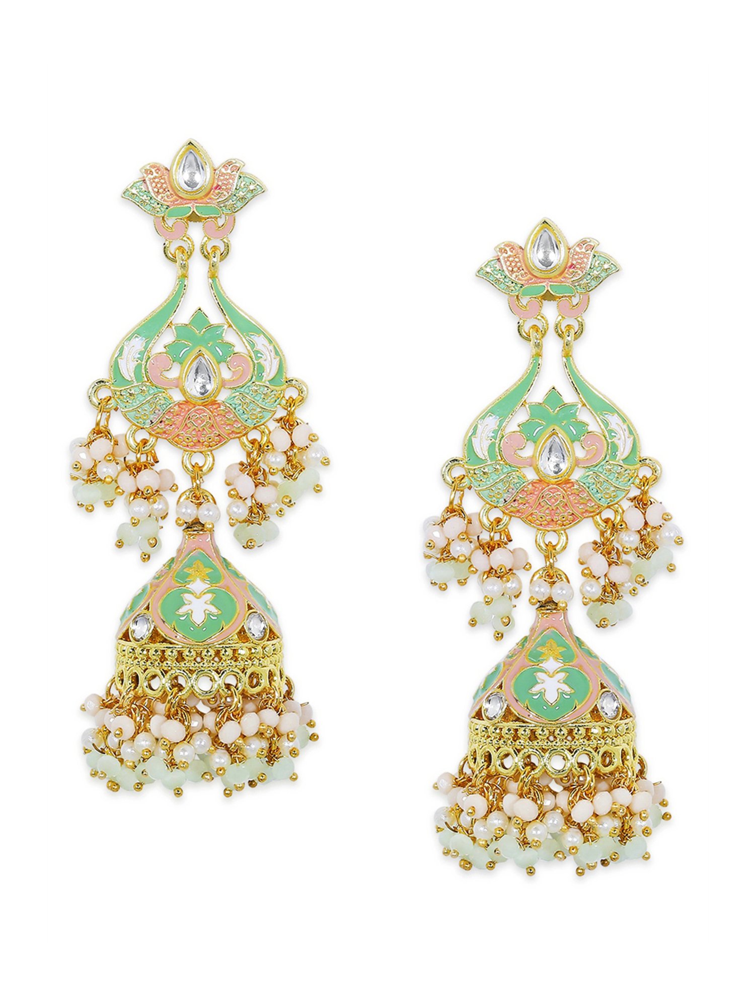 OOMPH Jewellery Green & Pink Meenakari Enamel & Kundan Ethnic Long Jhumki