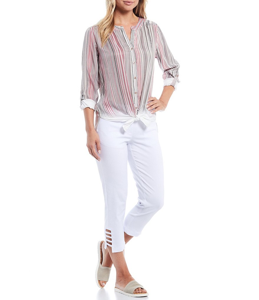 Multiples Ombre Stripe Print Texture Woven Band Notch Neck Roll-Tab Sleeve Button Down Tie-Front Top