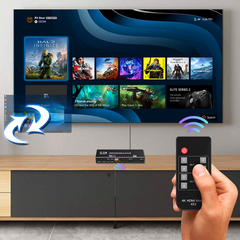 4*2 HDMI Switch Splitter 4 in 2 out 4K@60HZ HDMI 1.4 Matrix 4X2 Dual Audio Output Optical SPDIF 3.5mm L/R 3D Support EDID with Remote Switch Controller