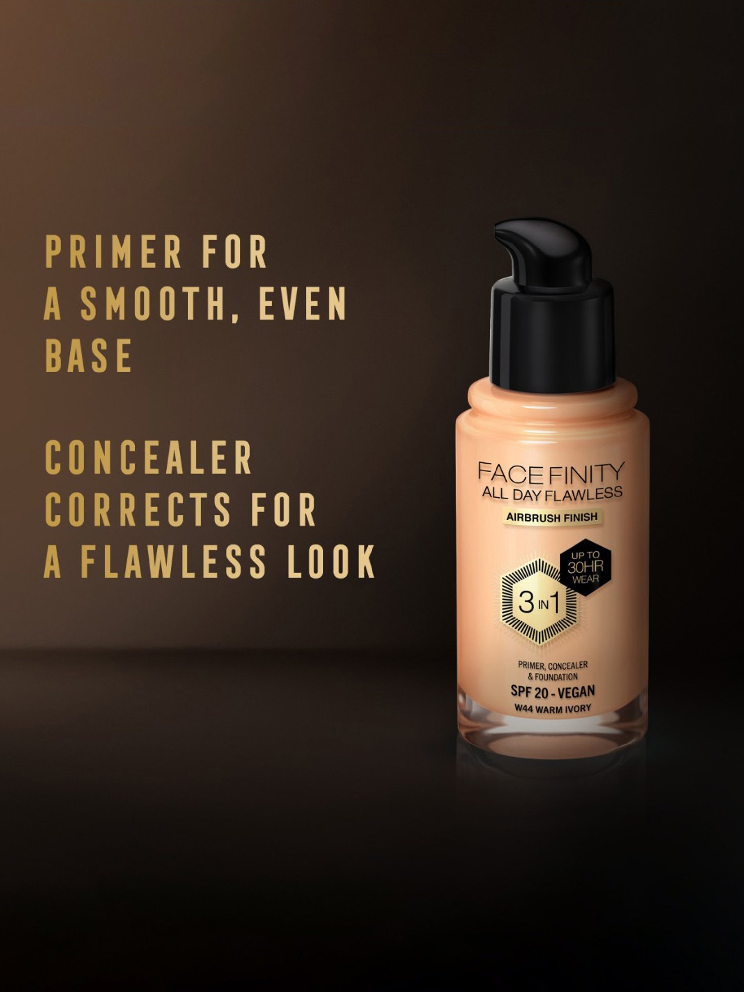 Max Factor Facefinity All Day Flawless 3 In 1 Foundation SPF 20 W44 Warm Ivory - 30 ml