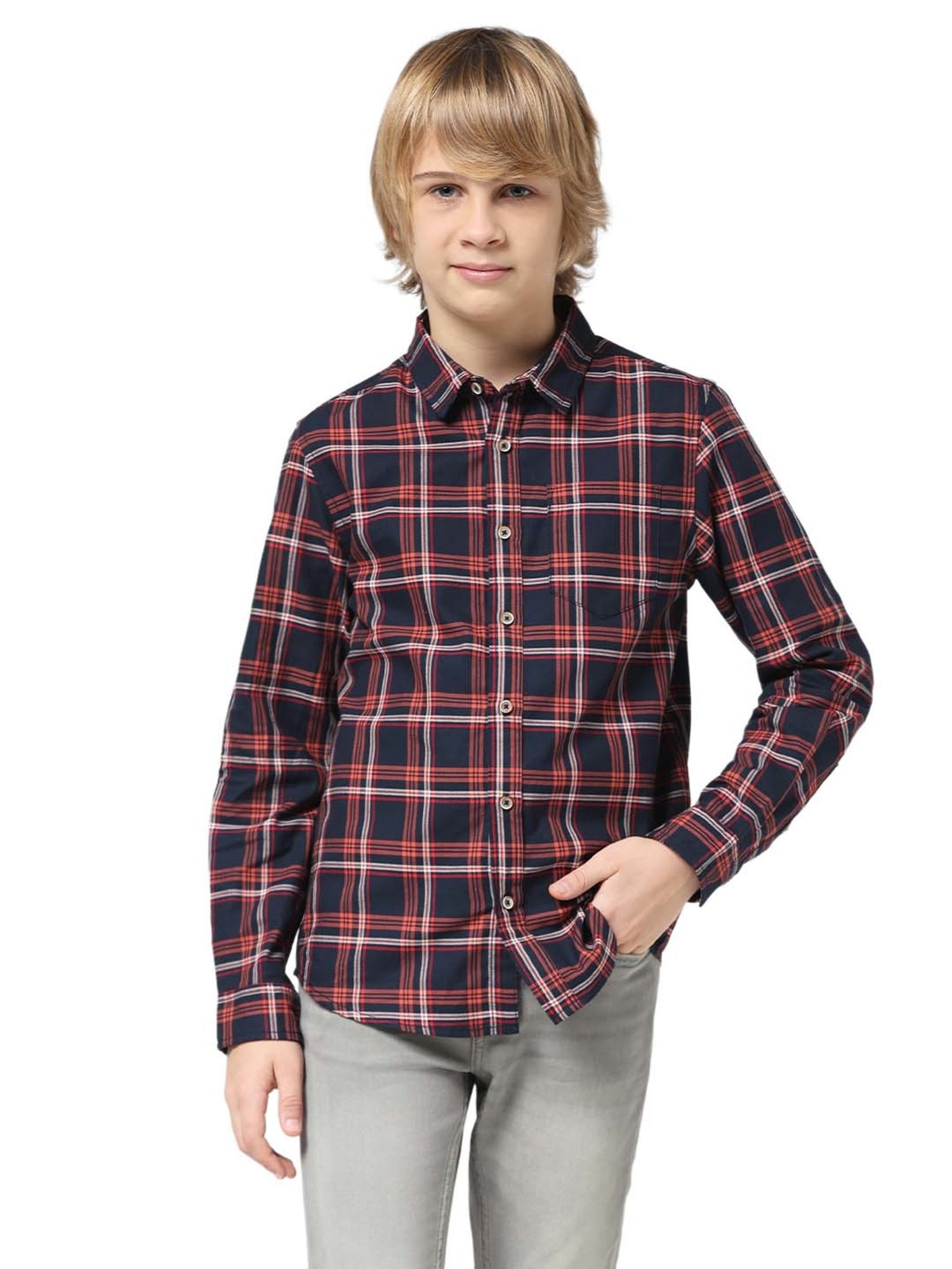 Jack & Jones Junior Rio Red Cotton Chequered Full Sleeves Shirt