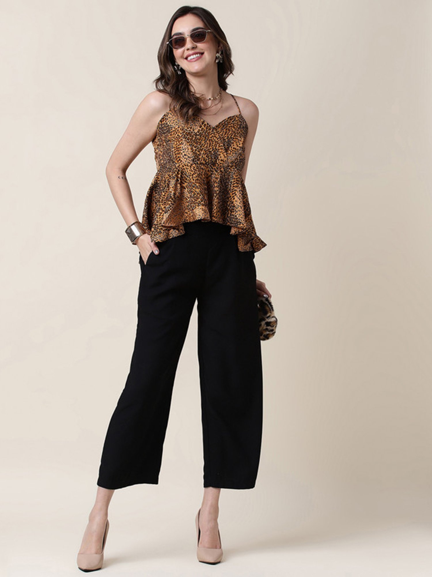 SELVIA Beige & Brown Animal Print Top