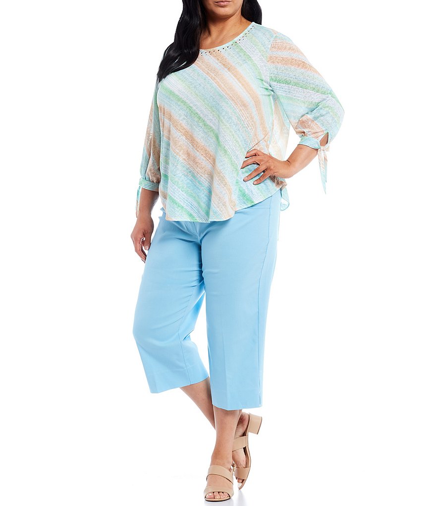 Ruby Rd. Plus Size Embellished Watercolor Stripe Jewel Neck Bow Cuff 3/4 Sleeve Top