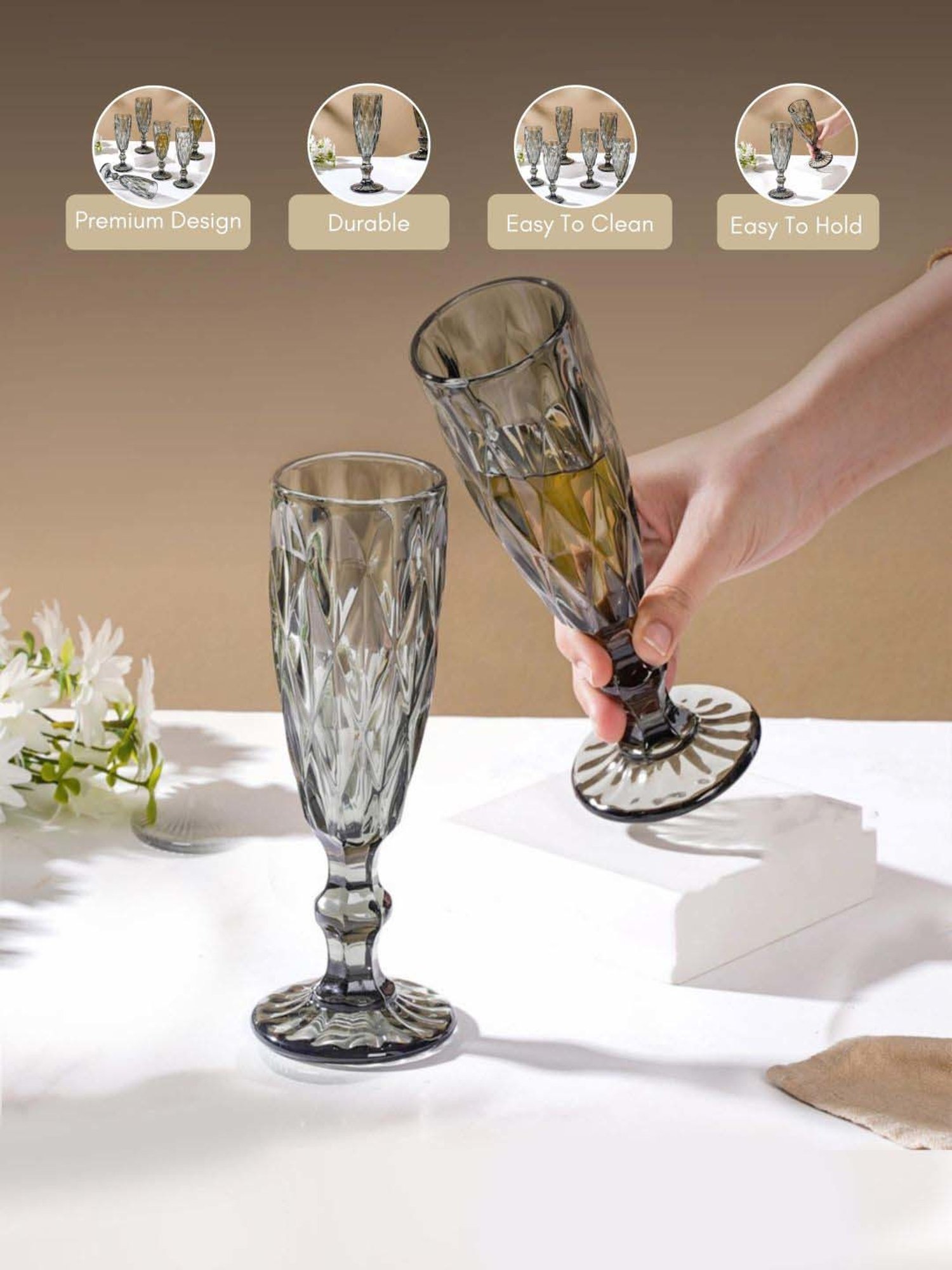 Nestasia high quality Crystal Textured Grey Champagne Glasswareset with Stem (Set Of 6, each 150 ml)