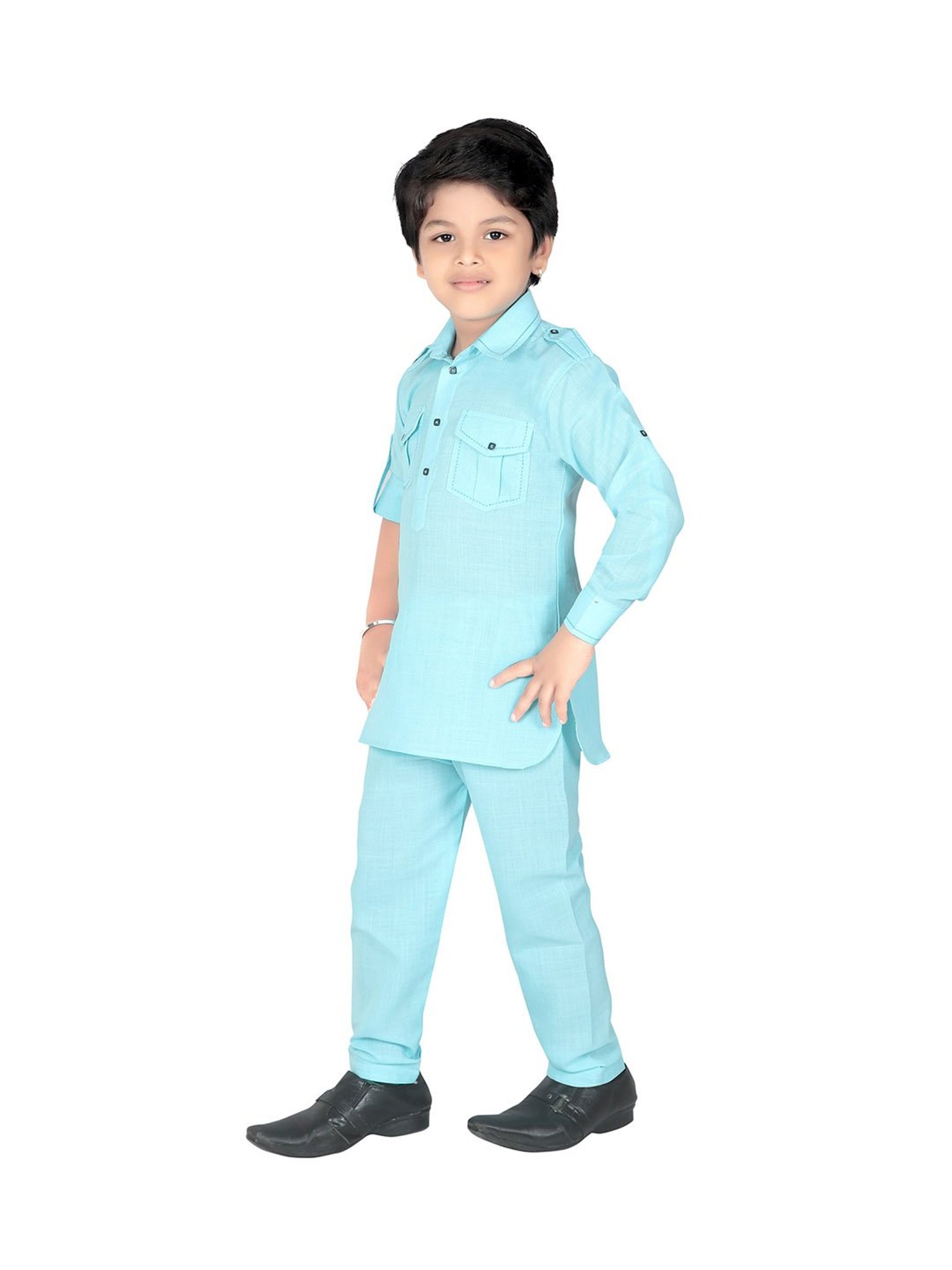 Ahhaaaa Kids Blue Solid Kurta with Pajamas