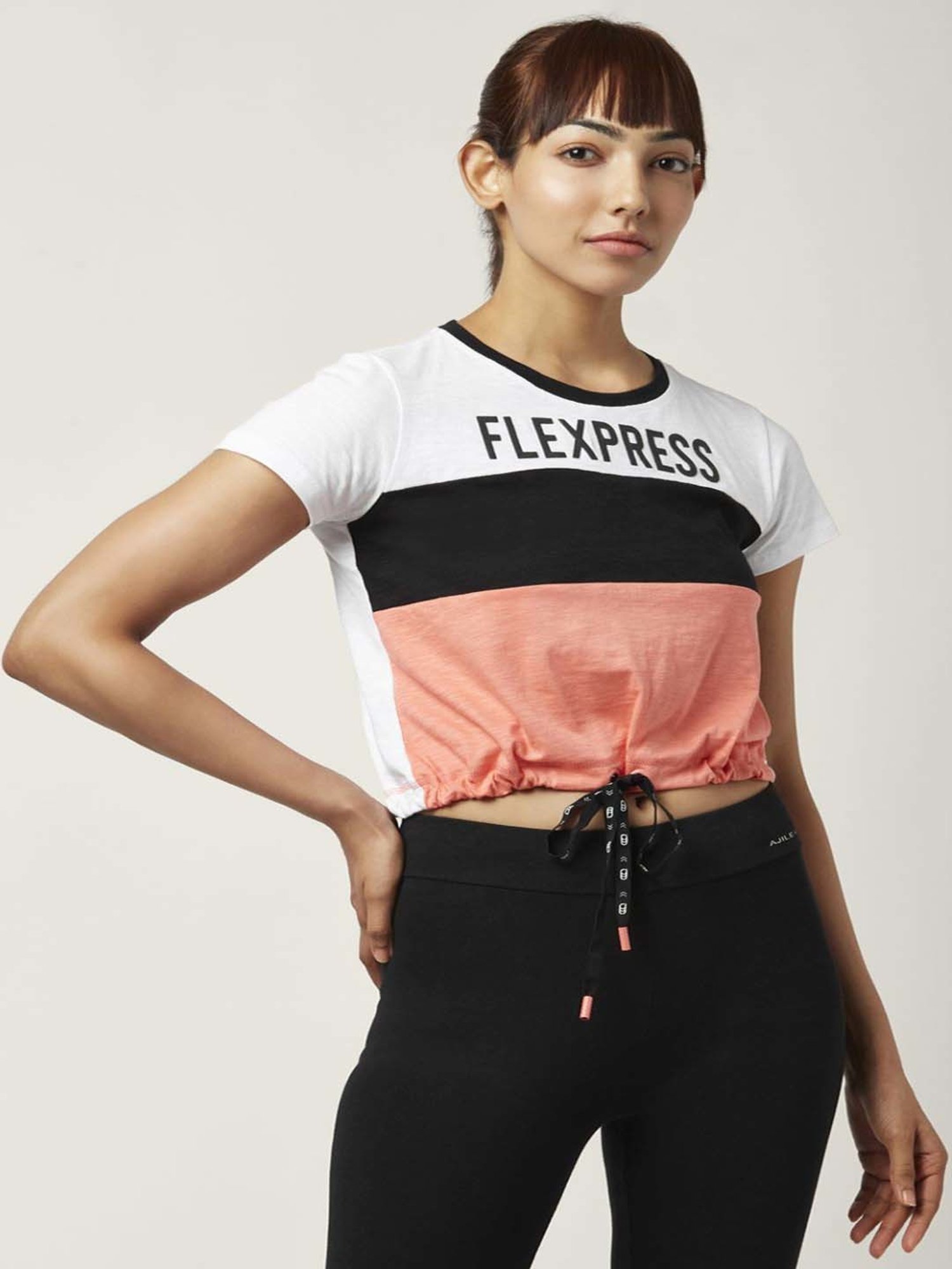 Ajile by Pantaloons Coral & White Cotton Color-Block Sports Top