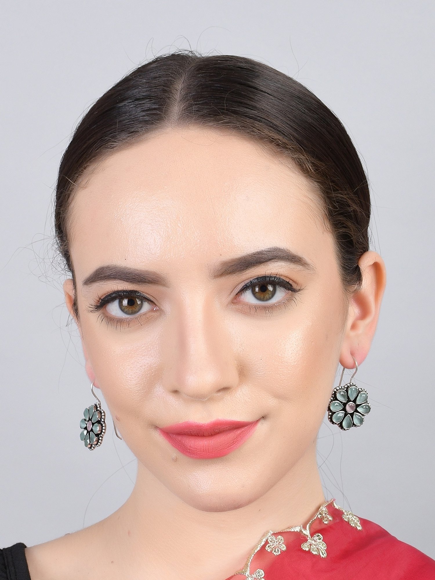 Imli Street Green-Pink Silver Stone-Studded Tone Handcrafted Drop Earrings