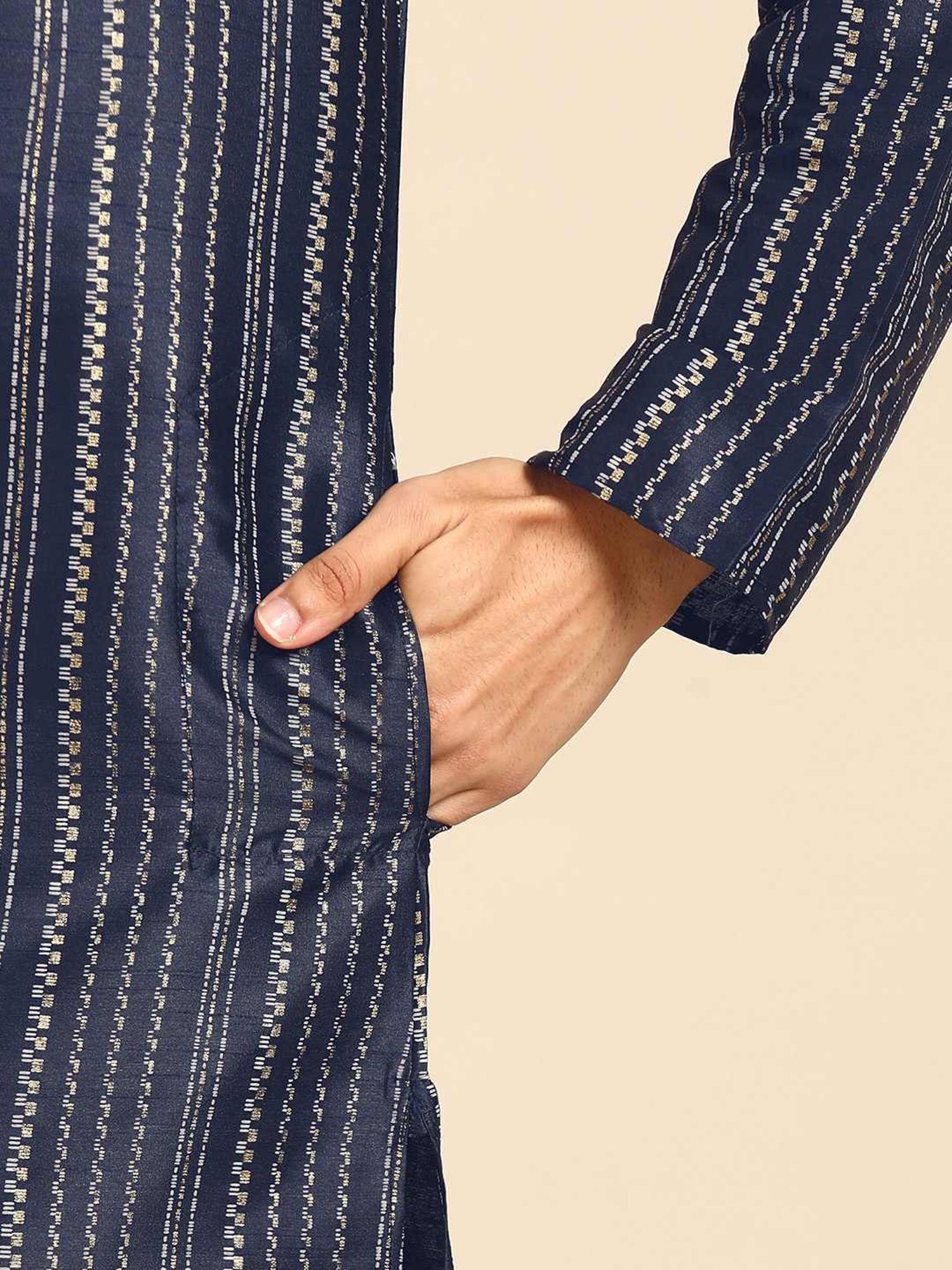 ManQ Navy & White Regular Fit Printed Kurta Bottom Set