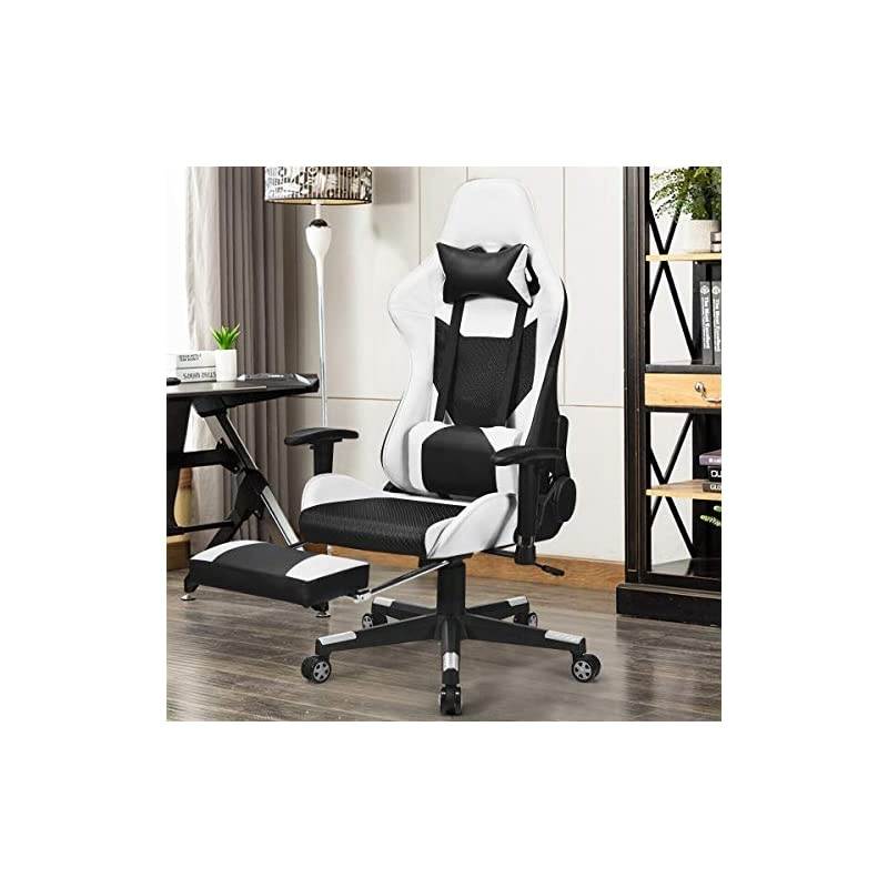 Massage Gaming Chair, Adjustable High Back with Health Massager Lumbar Support, Thick Memory Sponge with 360 Degree Revolving Chair Seat, Retractable Foot Shelf (White)