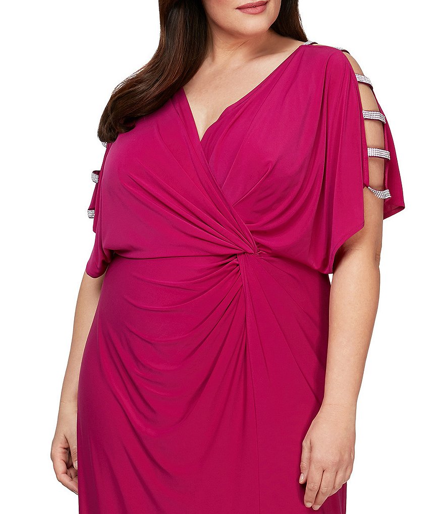 Alex Evenings Plus Size V-Neck Embellished Short Sleeve Knot Front Stretch Matte Jersey Gown
