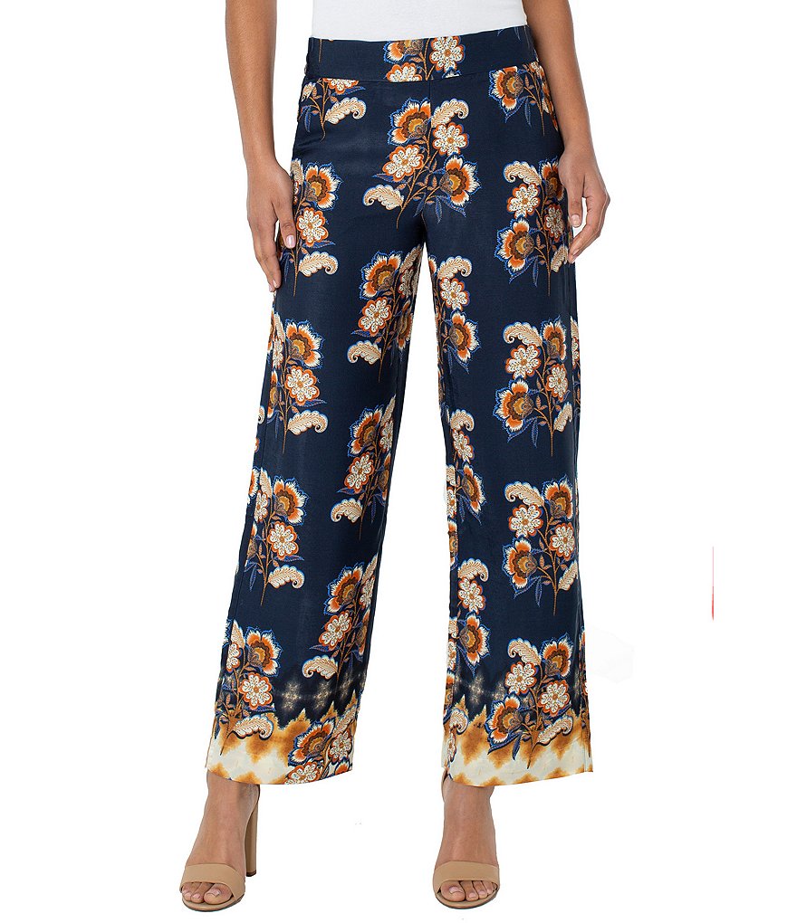 Liverpool Los Angeles Floral Print Pull-On Easy Fit Wide Leg Sateen Pant