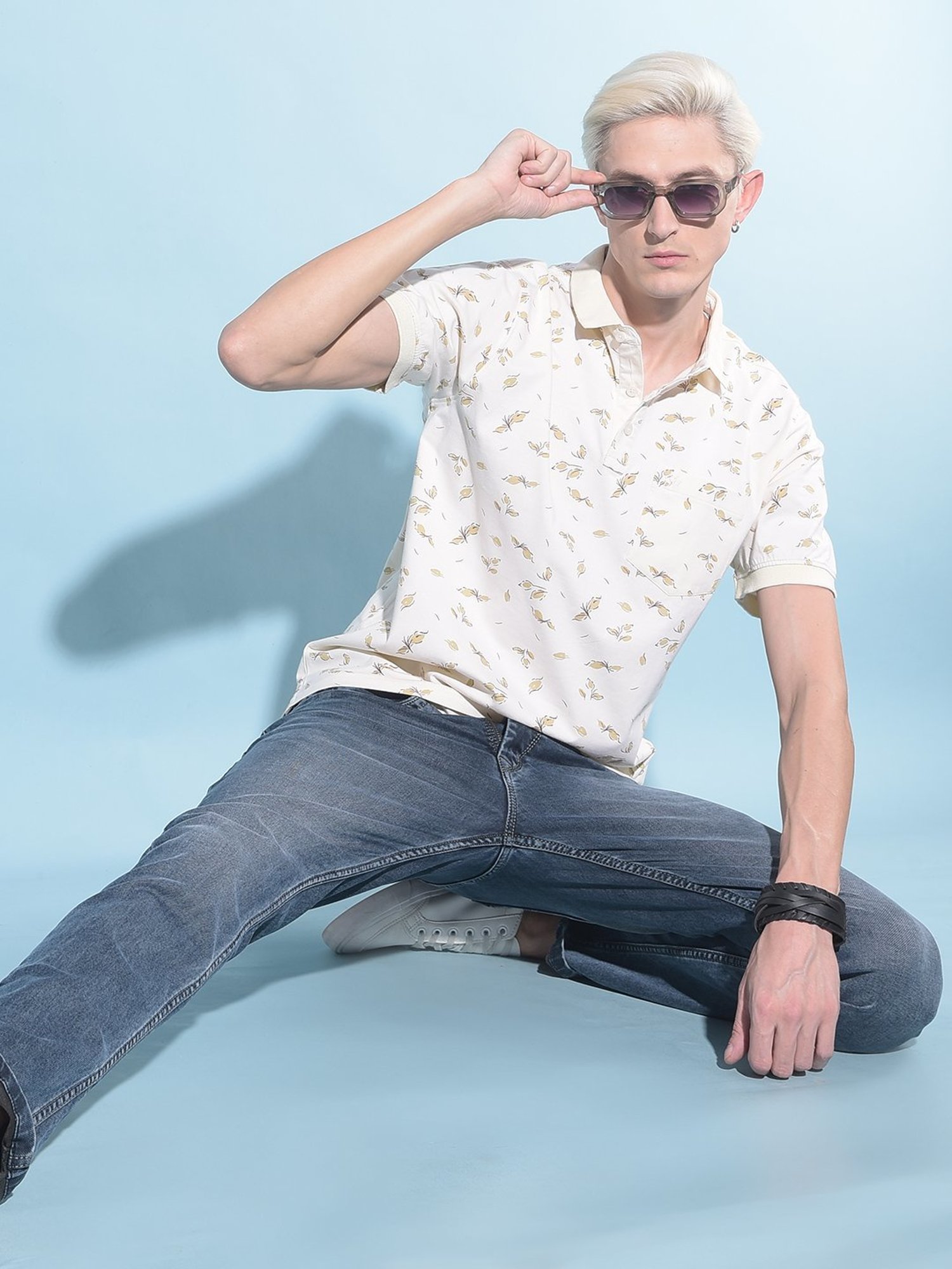 Crimsoune Club Beige Cotton Slim Fit Printed Polo T-Shirt