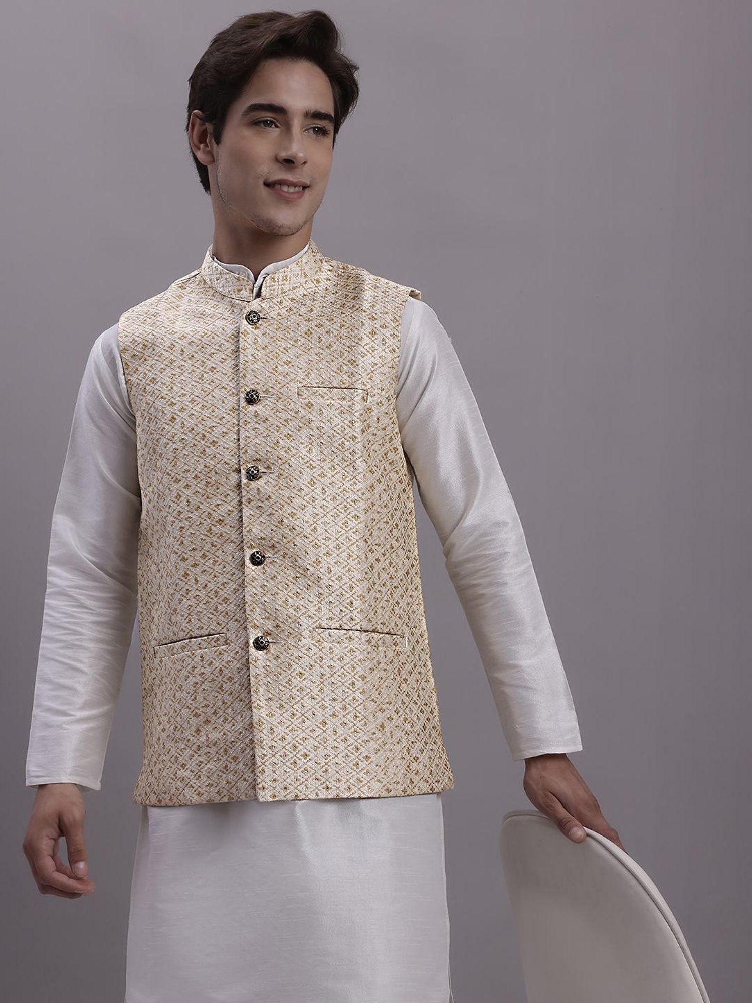 Jompers Cream Regular Fit Self Pattern Nehru Jacket