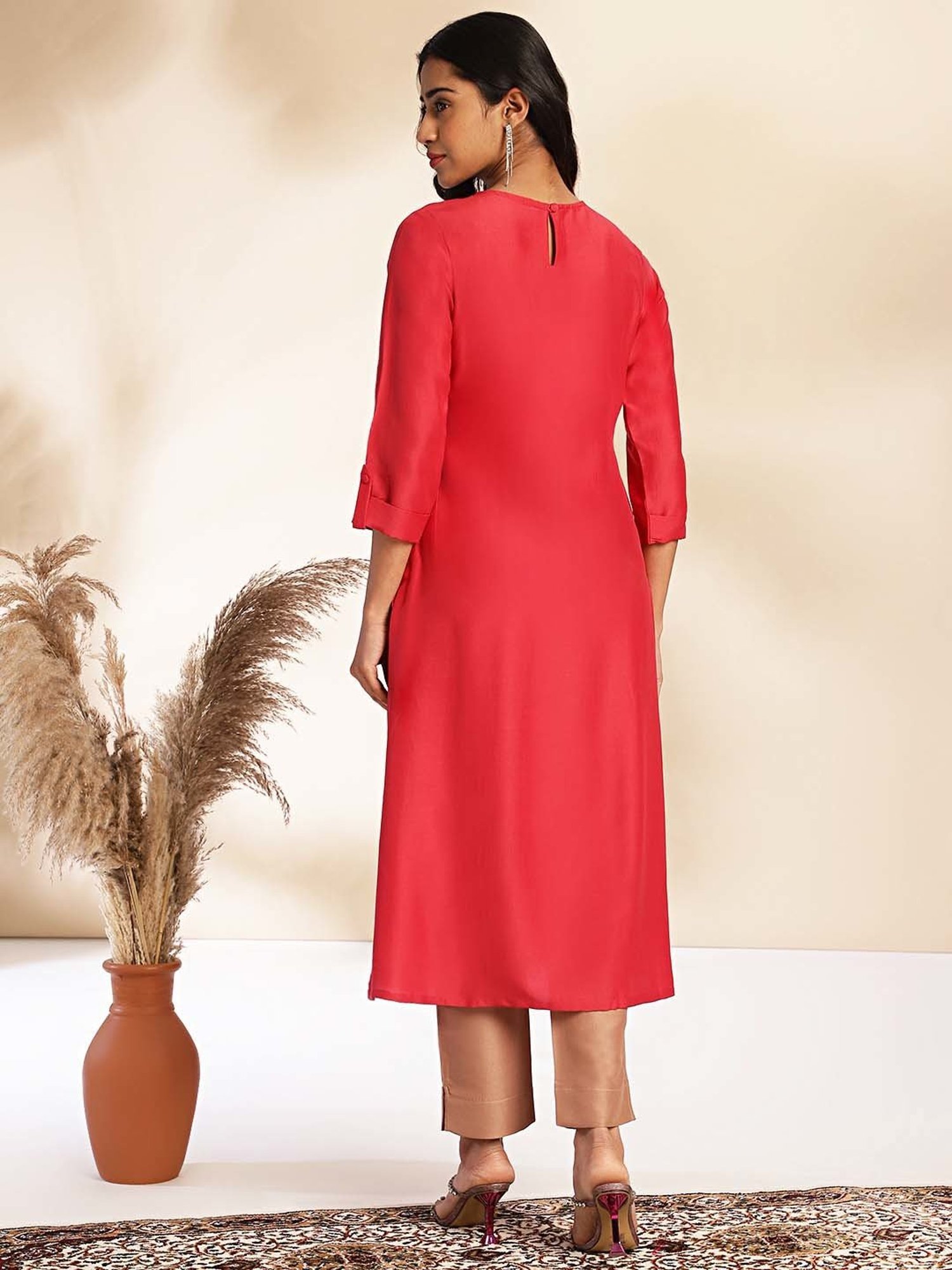 Janasya Pink & Beige Regular Fit Kurta Pant Set