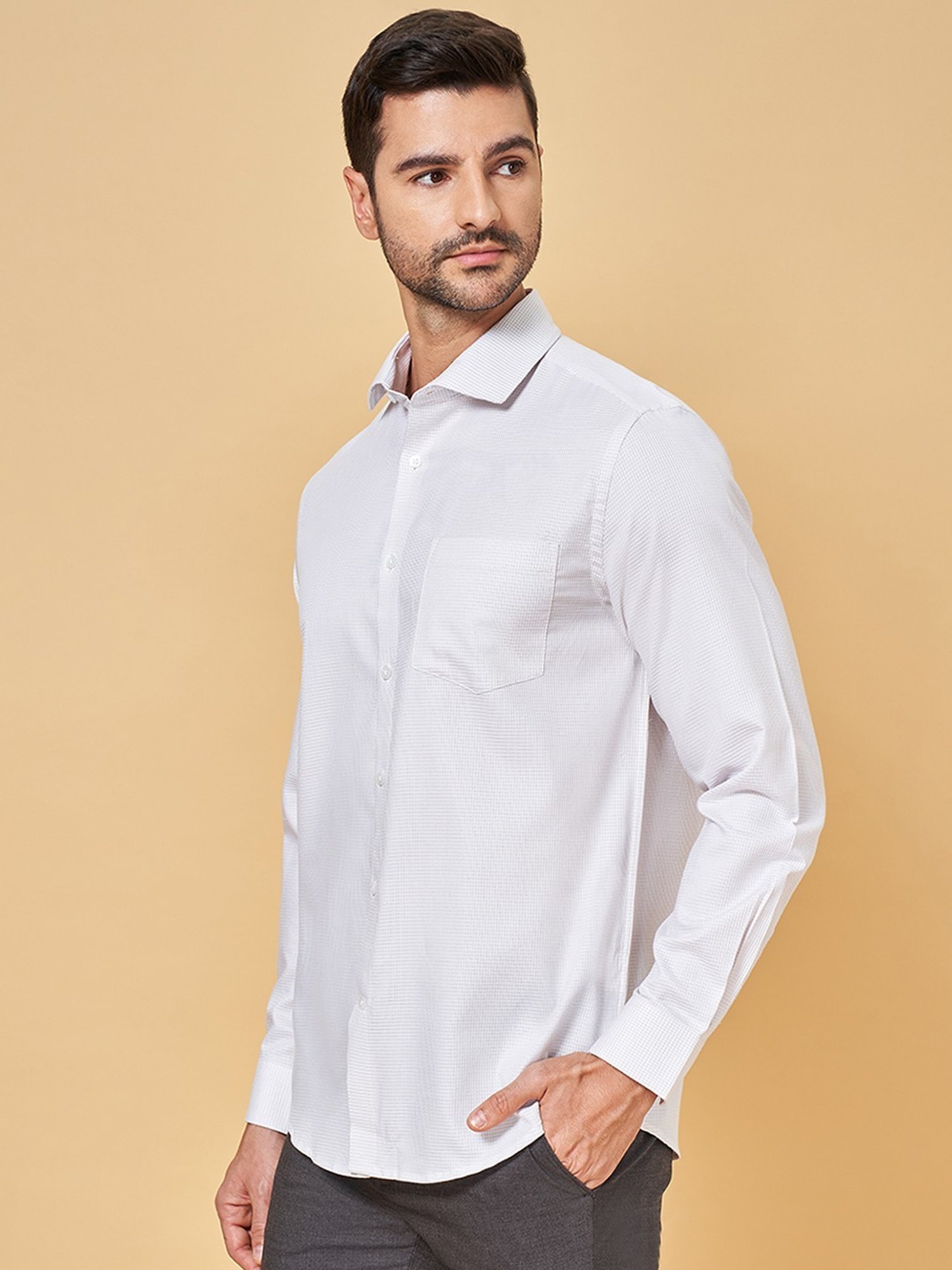 Peregrine by Pantaloons White Cotton Regular Fit Texture Shirt